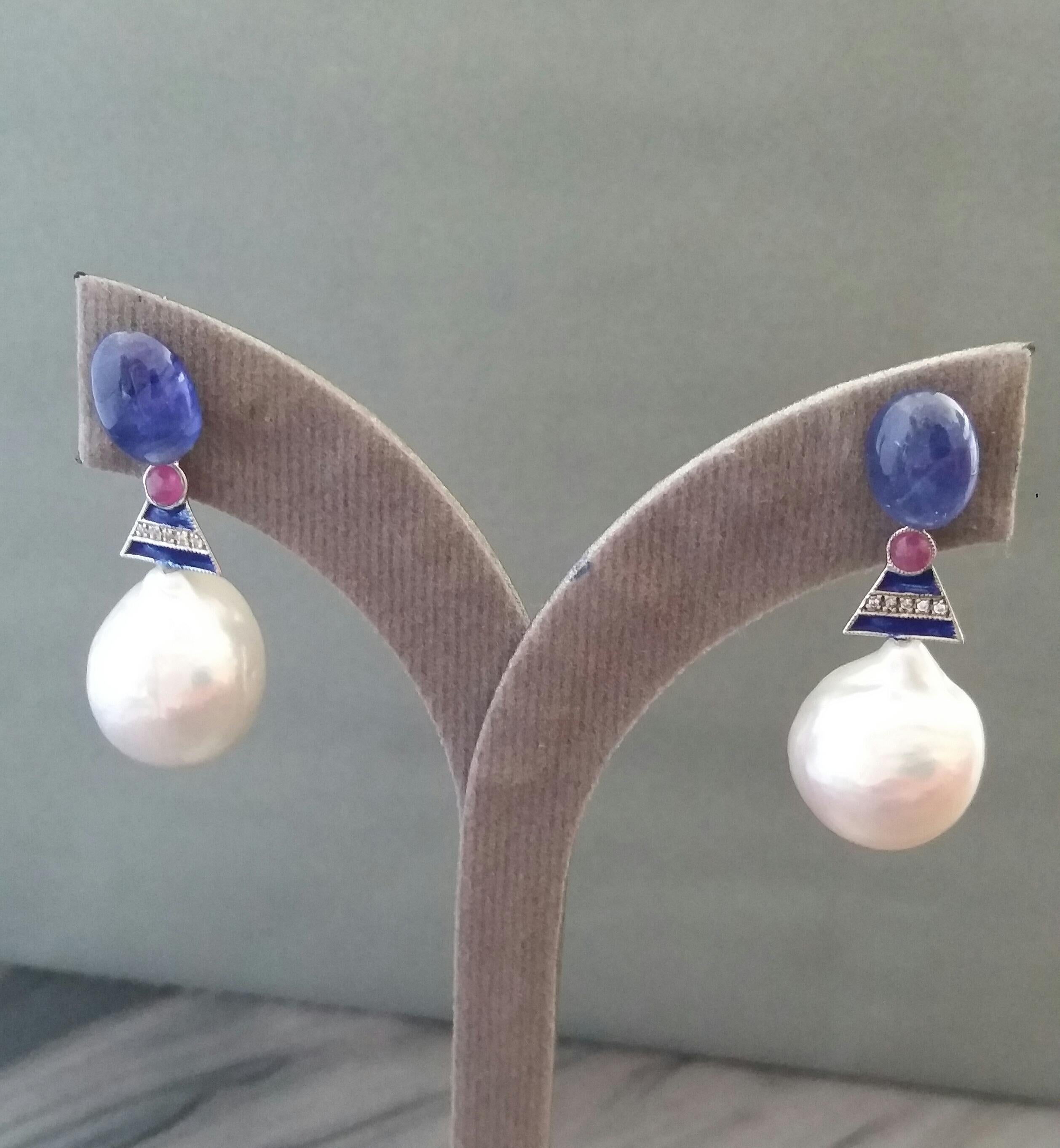 Mixed Cut Big Size White Baroque Pearls Gold Diamonds Blue Sapphire Rubies Enamel Earrings