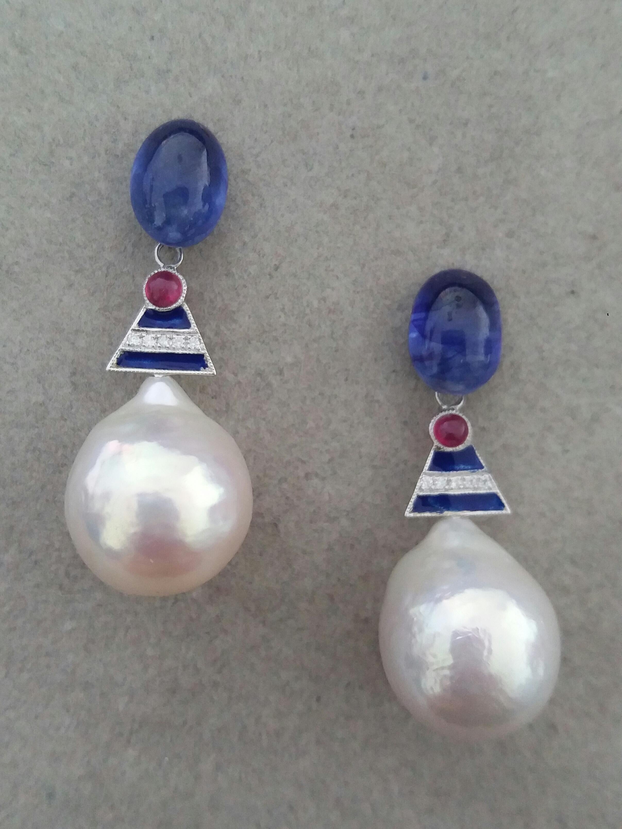 Women's Big Size White Baroque Pearls Gold Diamonds Blue Sapphire Rubies Enamel Earrings