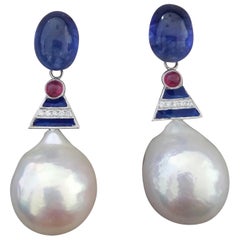 Big Size White Baroque Pearls Gold Diamonds Blue Sapphire Rubies Enamel Earrings