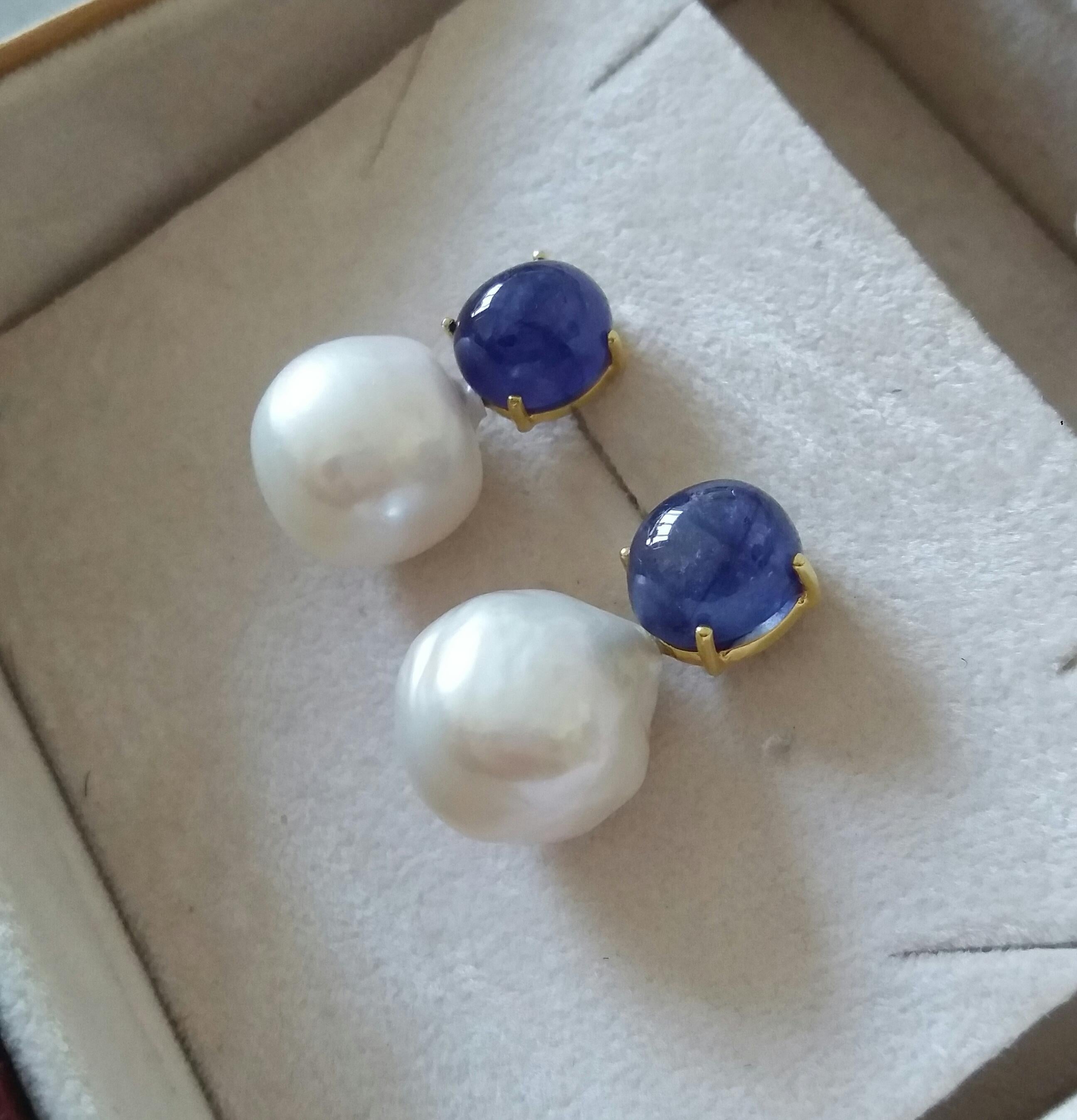Big Size White Baroque Pearls Oval Blue Sapphires Cabochons Yellow Gold Earrings For Sale 2