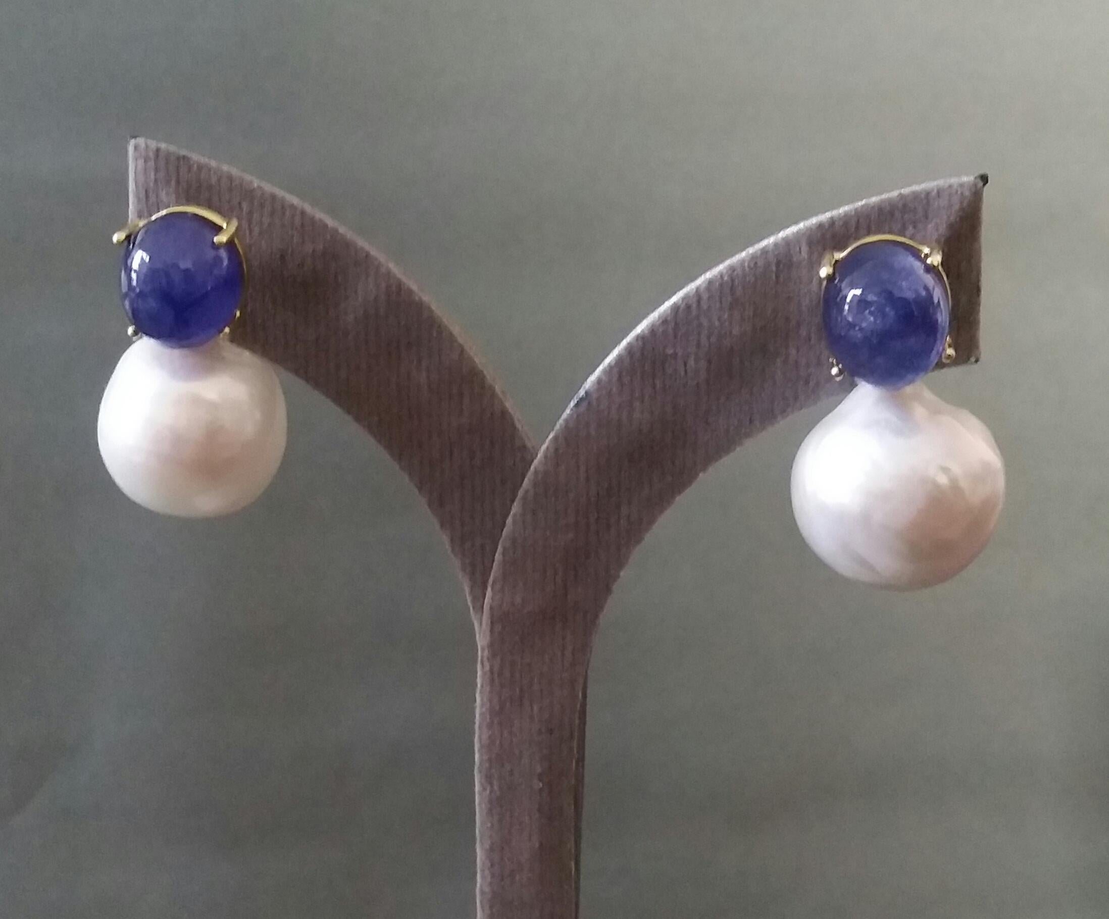 Big Size White Baroque Pearls Oval Blue Sapphires Cabochons Yellow Gold Earrings For Sale 3