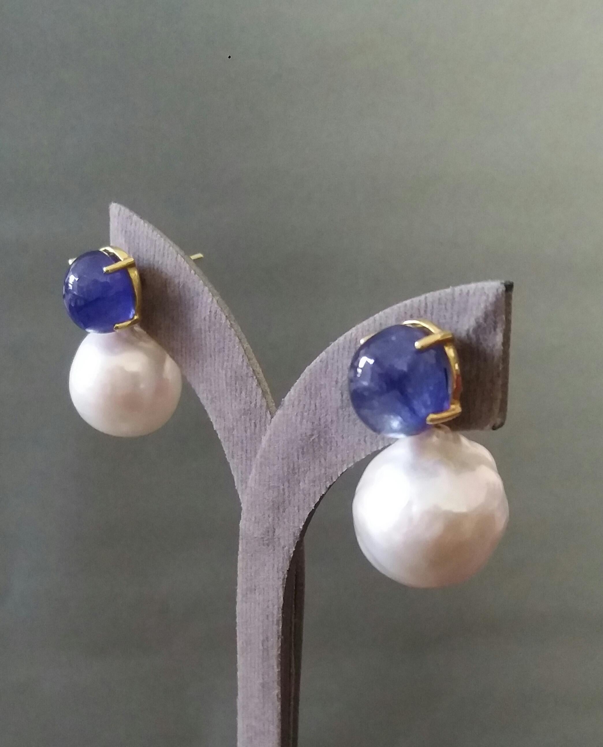 Big Size White Baroque Pearls Oval Blue Sapphires Cabochons Yellow Gold Earrings For Sale 4
