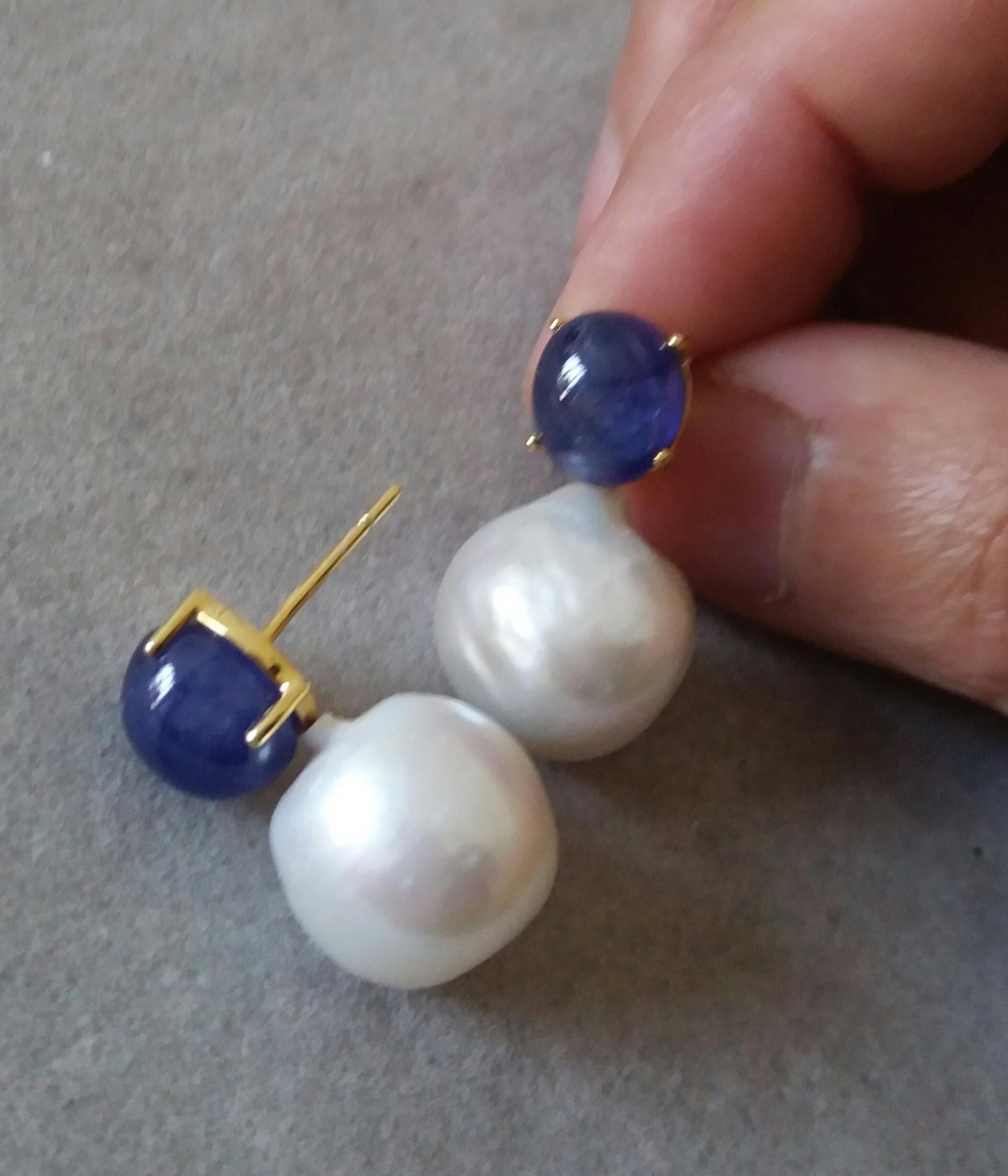 Women's Big Size White Baroque Pearls Oval Blue Sapphires Cabochons Yellow Gold Earrings For Sale