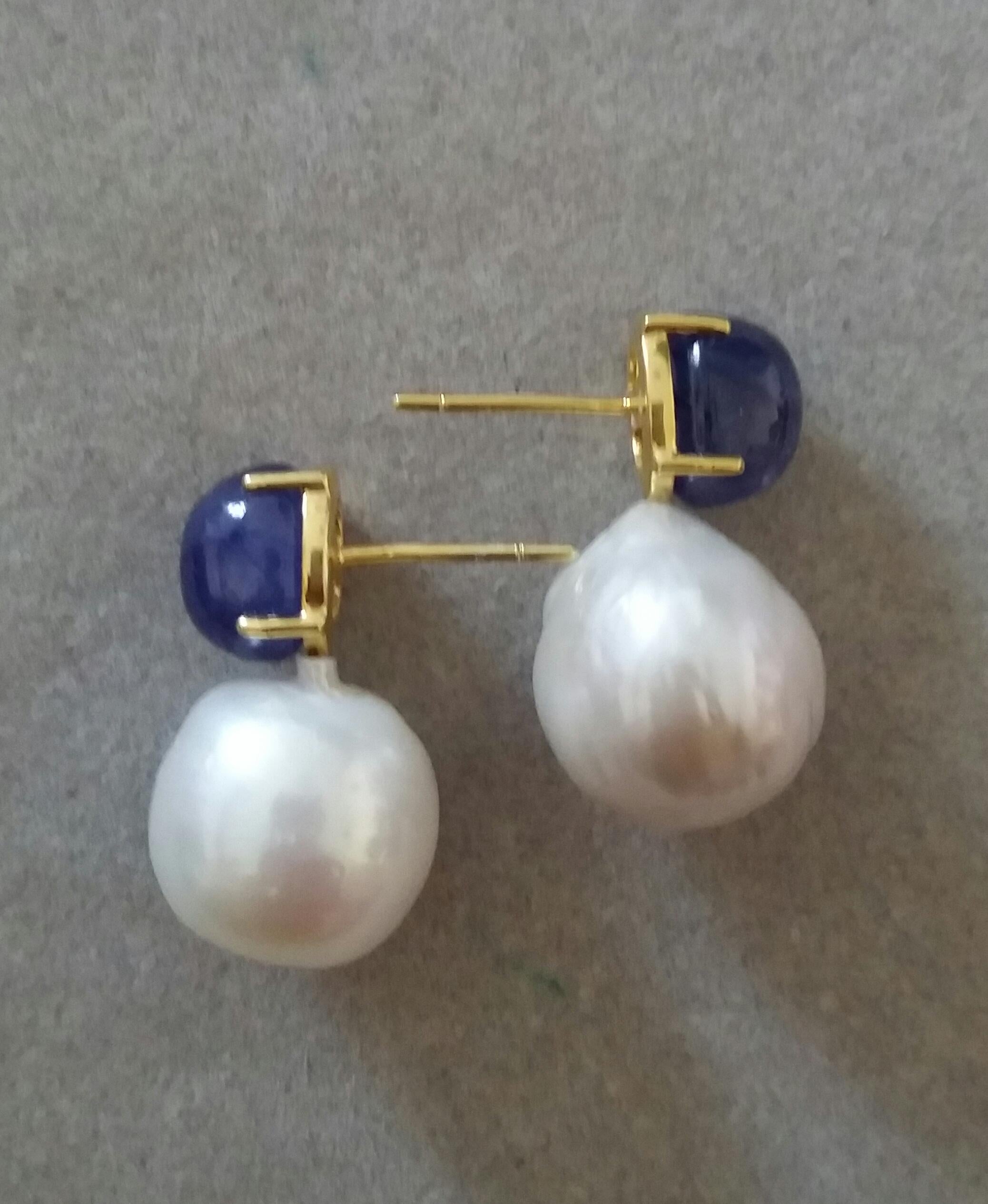 Women's Big Size White Baroque Pearls Oval Blue Sapphires Cabochons Yellow Gold Earrings For Sale