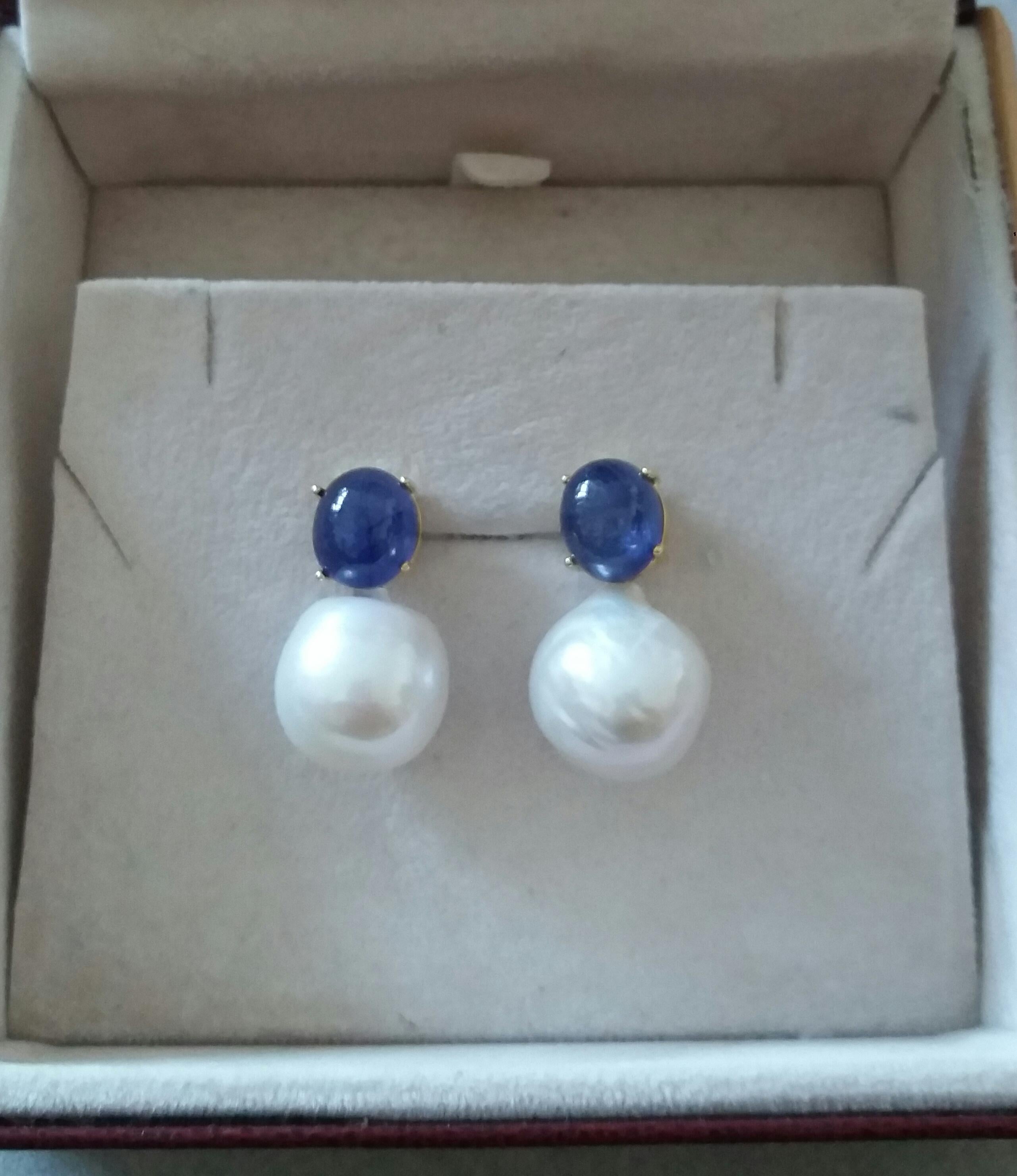 Big Size White Baroque Pearls Oval Blue Sapphires Cabochons Yellow Gold Earrings For Sale 1
