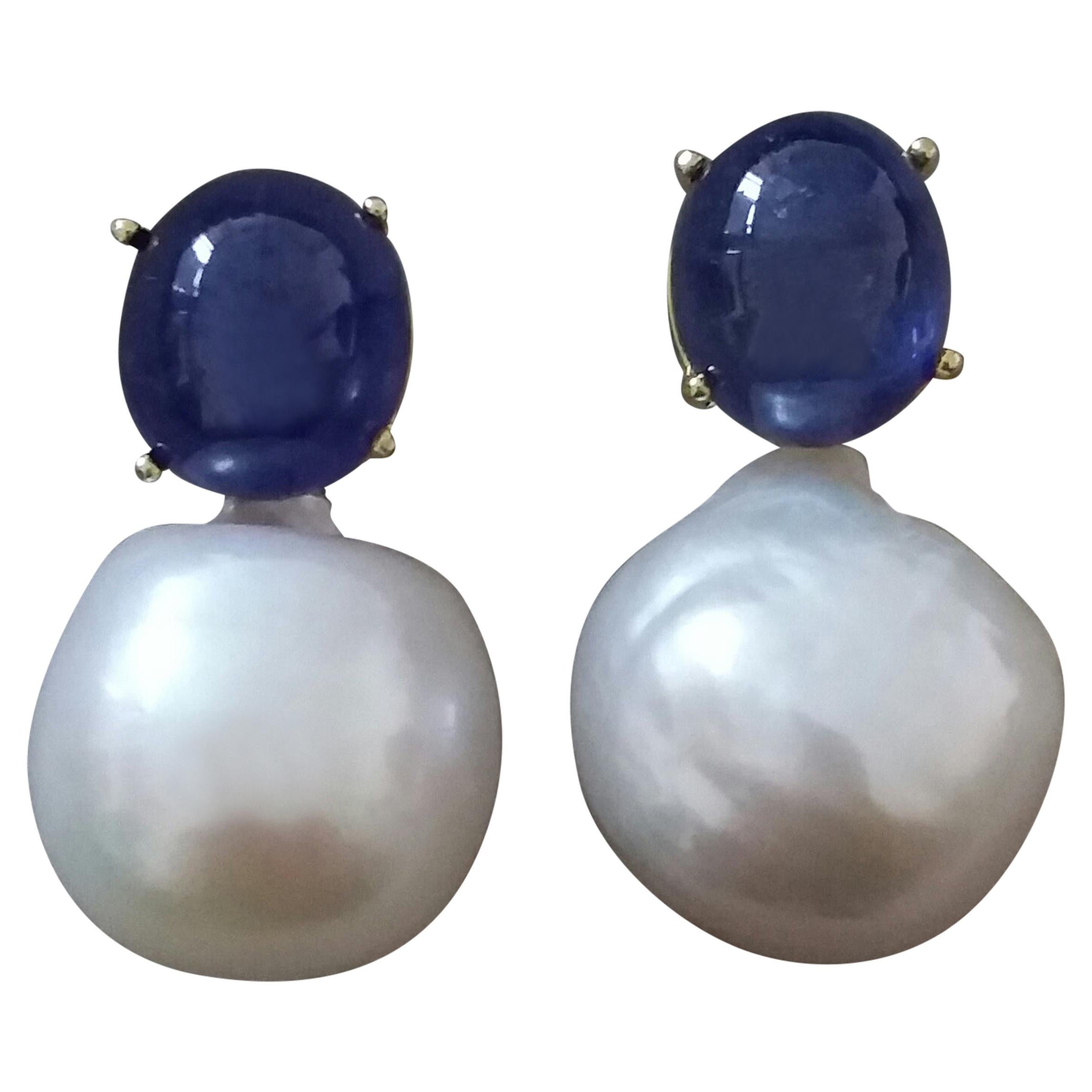 Big Size White Baroque Pearls Oval Blue Sapphires Cabochons Yellow Gold Earrings For Sale