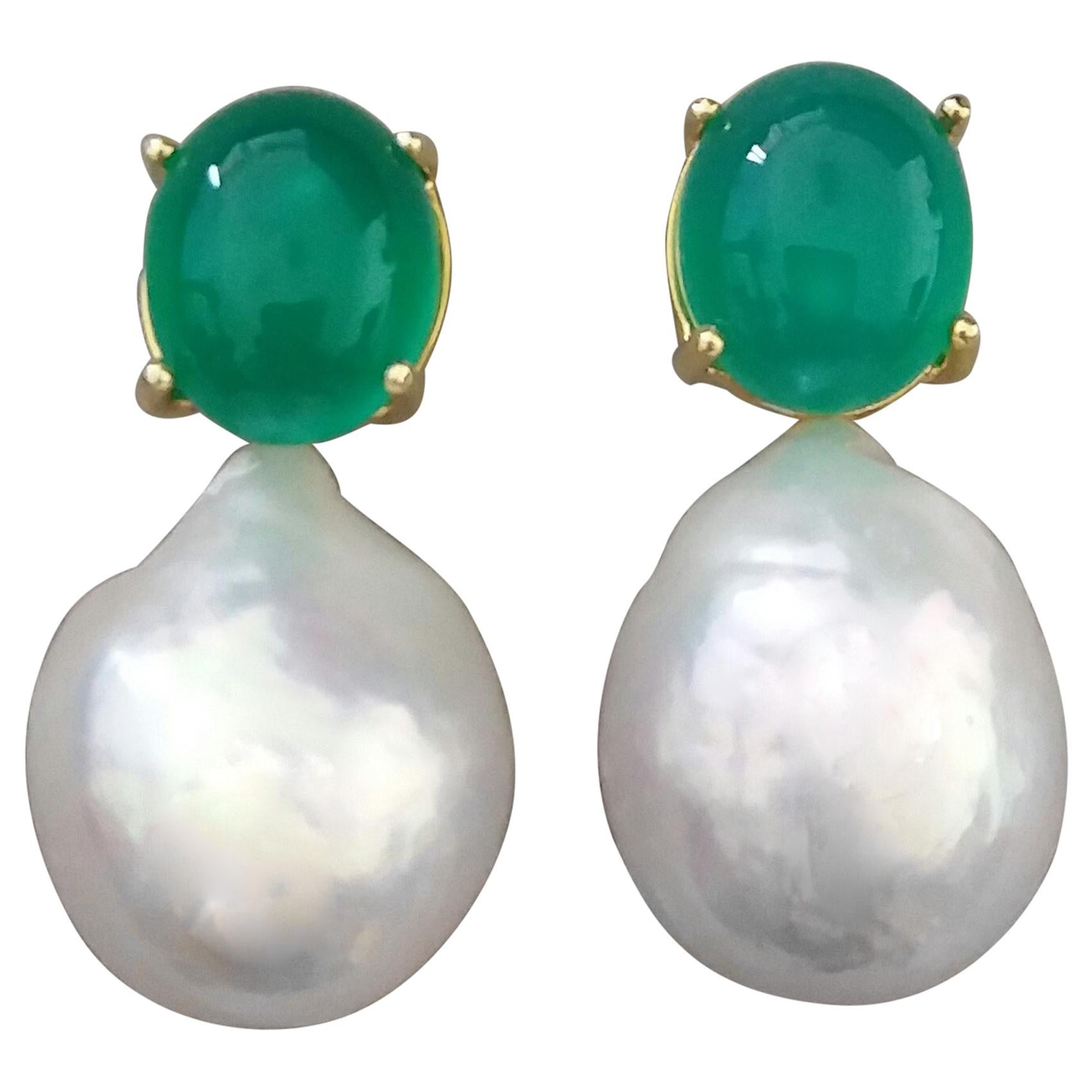 Big Size White Baroque Pearls Oval Green Onyx Cabochons Yellow Gold Earrings
