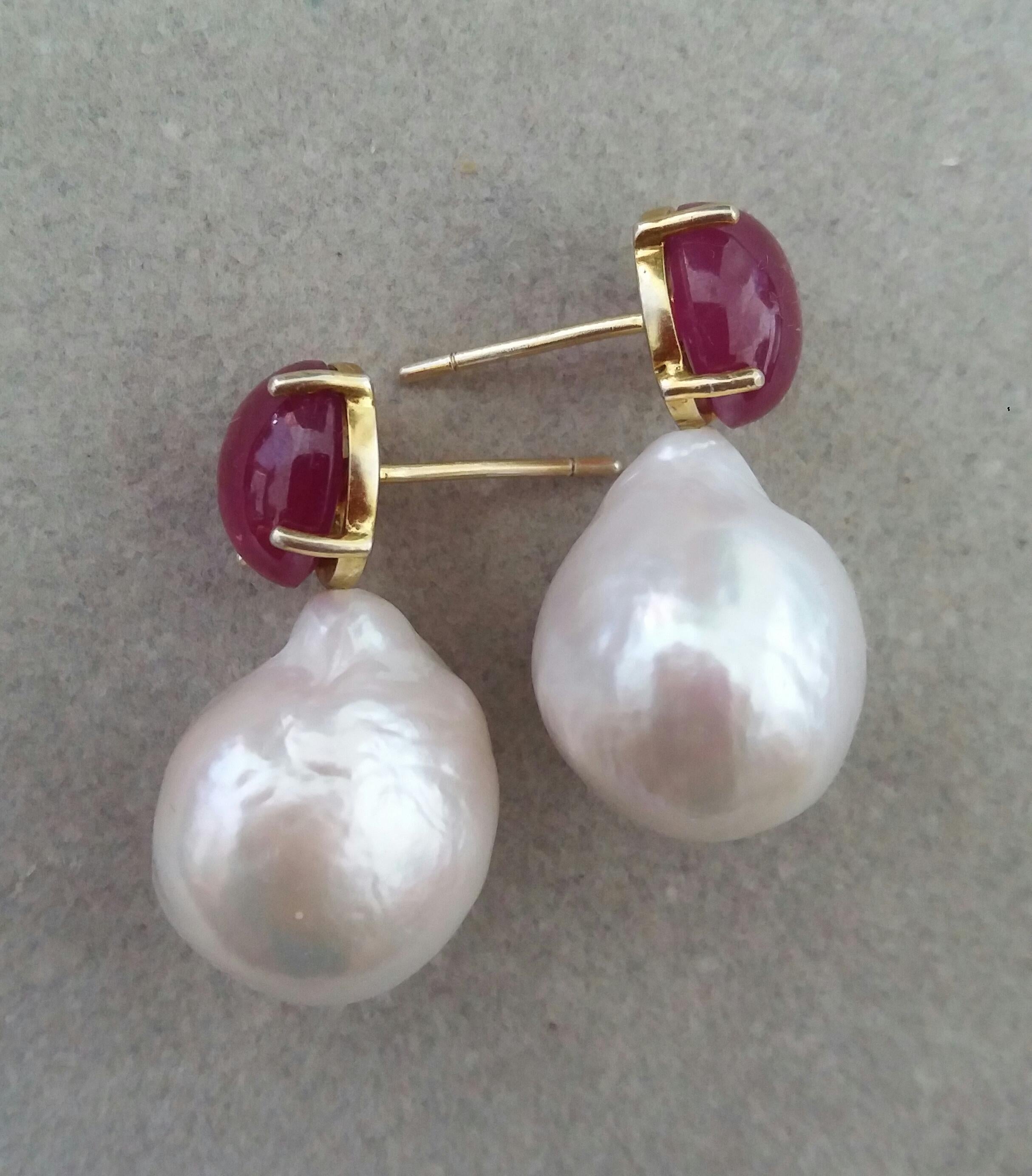 Oval Cut Big Size White Baroque Pearls Oval Ruby Cabochon 14 Carat Yellow Gold Earrings For Sale