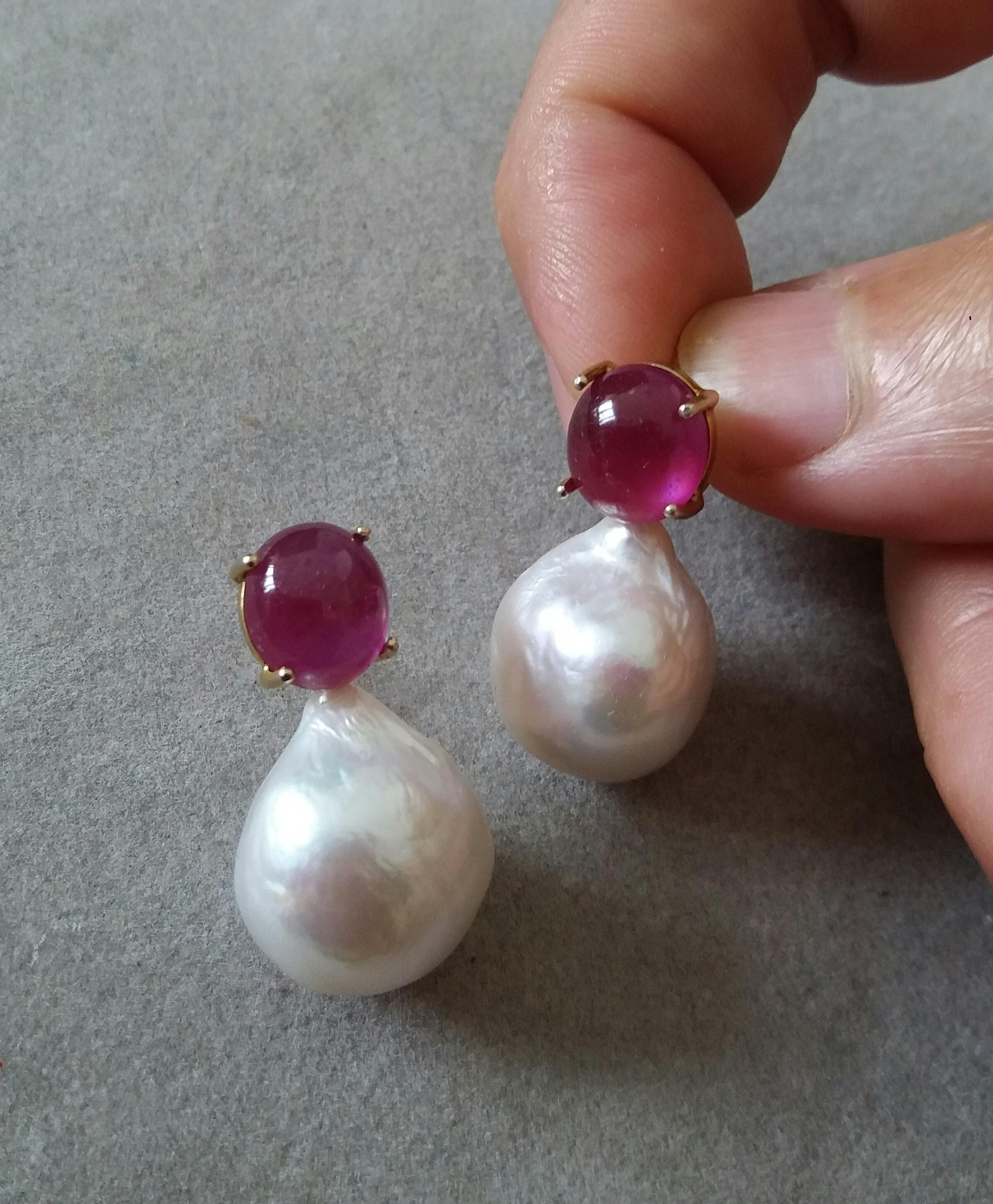 Women's Big Size White Baroque Pearls Oval Ruby Cabochon 14 Carat Yellow Gold Earrings For Sale