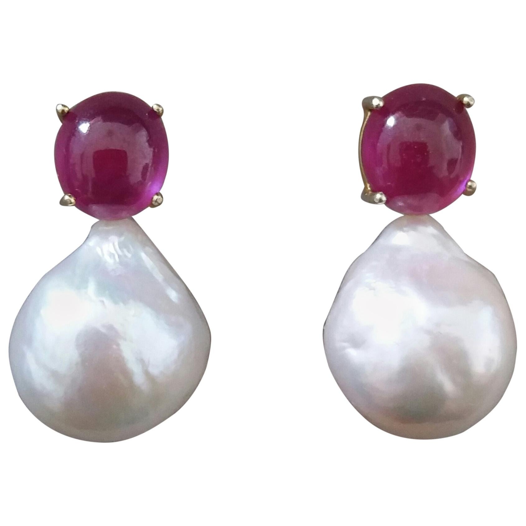 Big Size White Baroque Pearls Oval Ruby Cabochon 14 Carat Yellow Gold Earrings For Sale