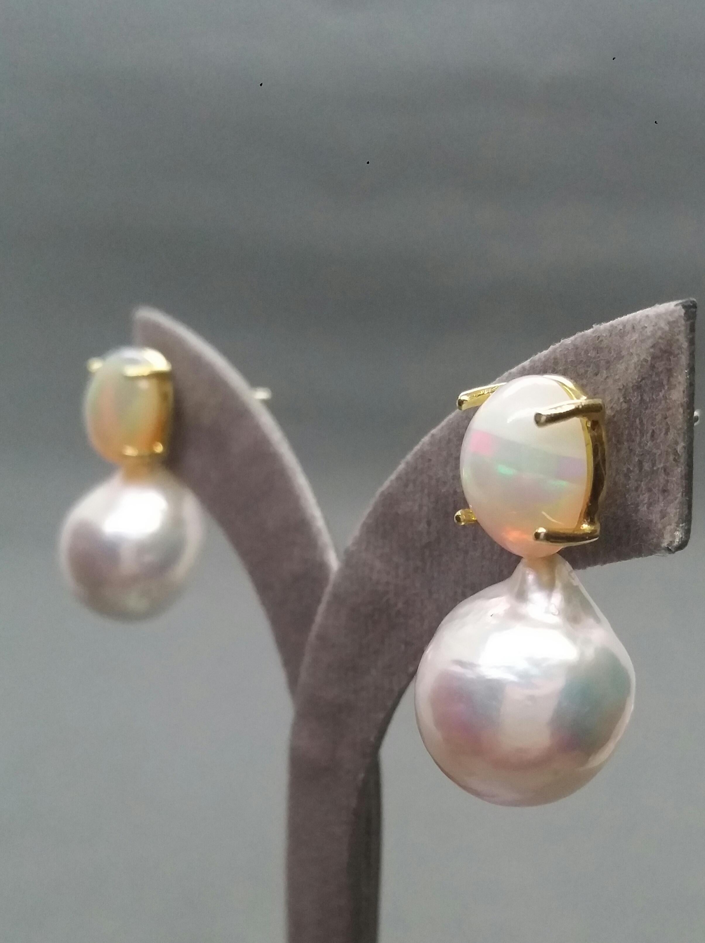 Big Size White Baroque Pearls Oval Solid Opal Cabochons Yellow Gold Earrings 2