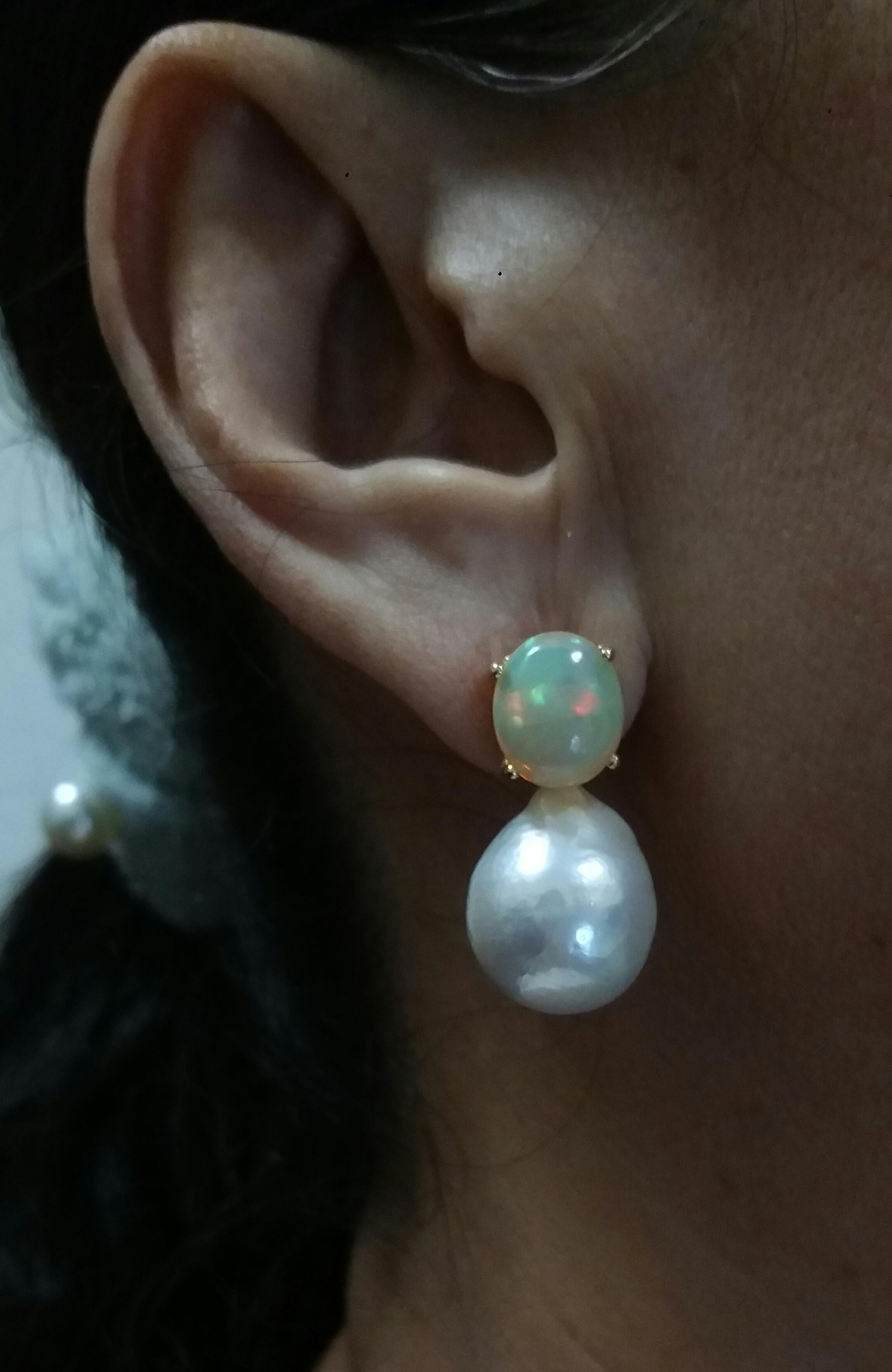 Big Size White Baroque Pearls Oval Solid Opal Cabochons Yellow Gold Earrings 4