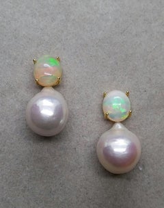 Big Size White Baroque Pearls Oval Solid Opal Cabochons Yellow Gold Earrings