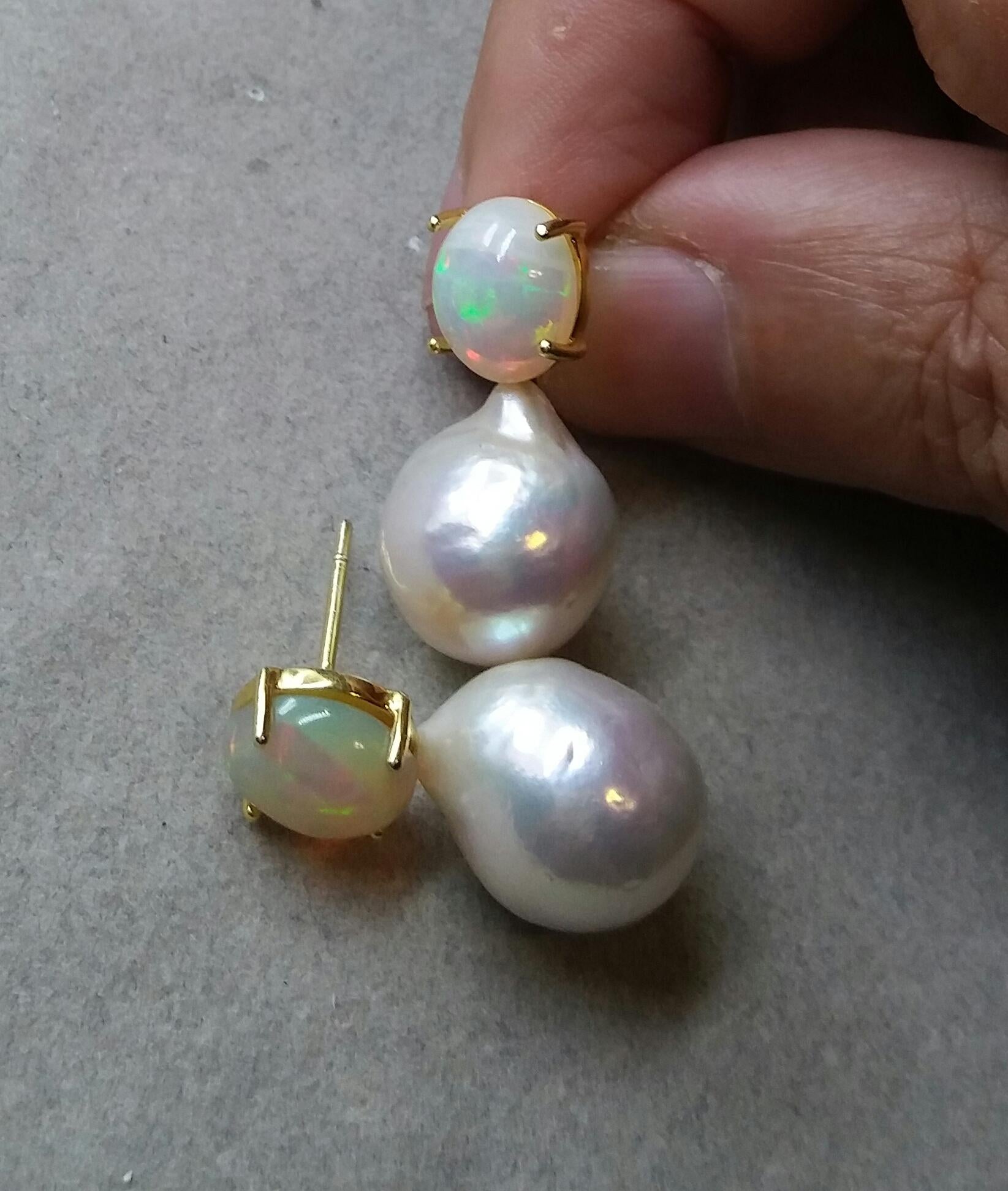 Women's Big Size White Baroque Pearls Oval Solid Opal Cabochons Yellow Gold Earrings For Sale