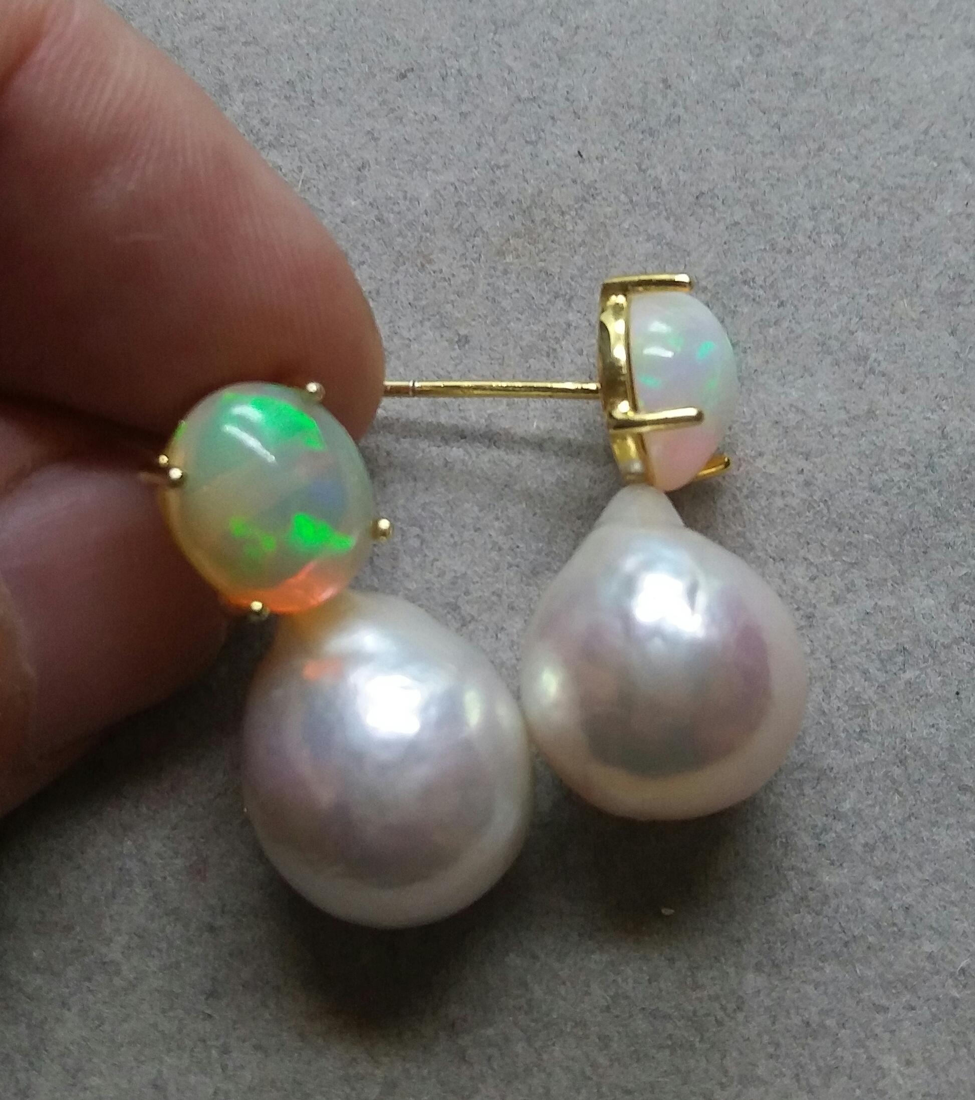 Women's Big Size White Baroque Pearls Oval Solid Opal Cabochons Yellow Gold Earrings