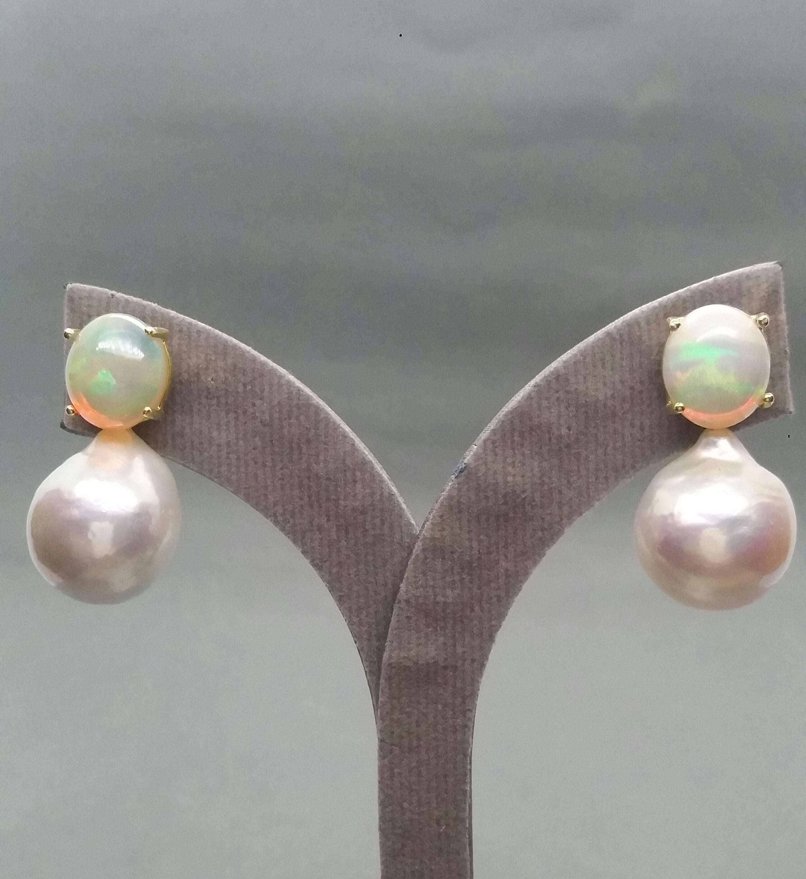 Big Size White Baroque Pearls Oval Solid Opal Cabochons Yellow Gold Earrings 1