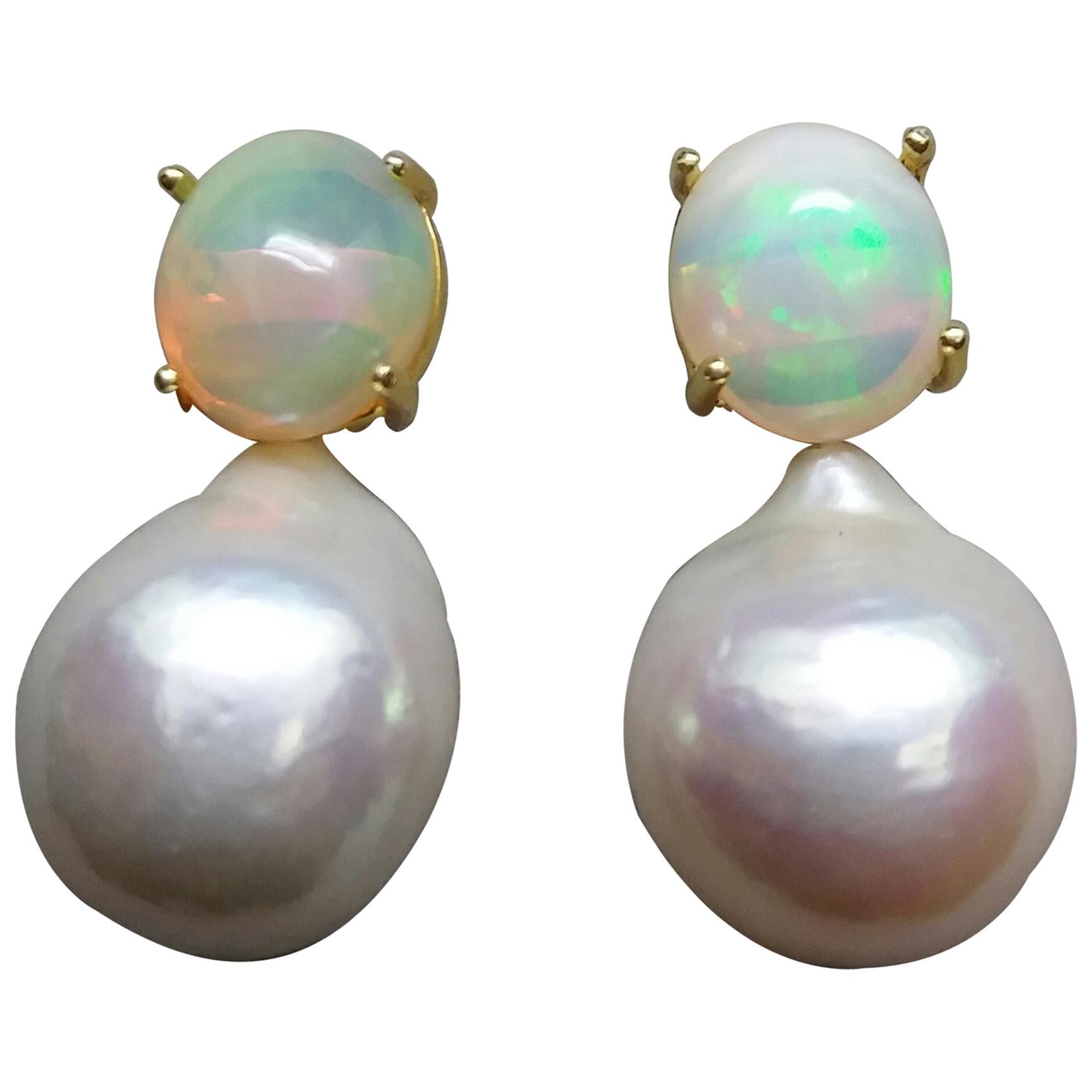 Big Size White Baroque Pearls Oval Solid Opal Cabochons Yellow Gold Earrings