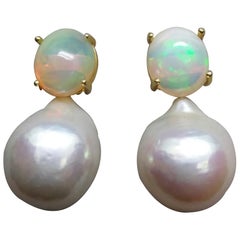 Used Big Size White Baroque Pearls Oval Solid Opal Cabochons Yellow Gold Earrings
