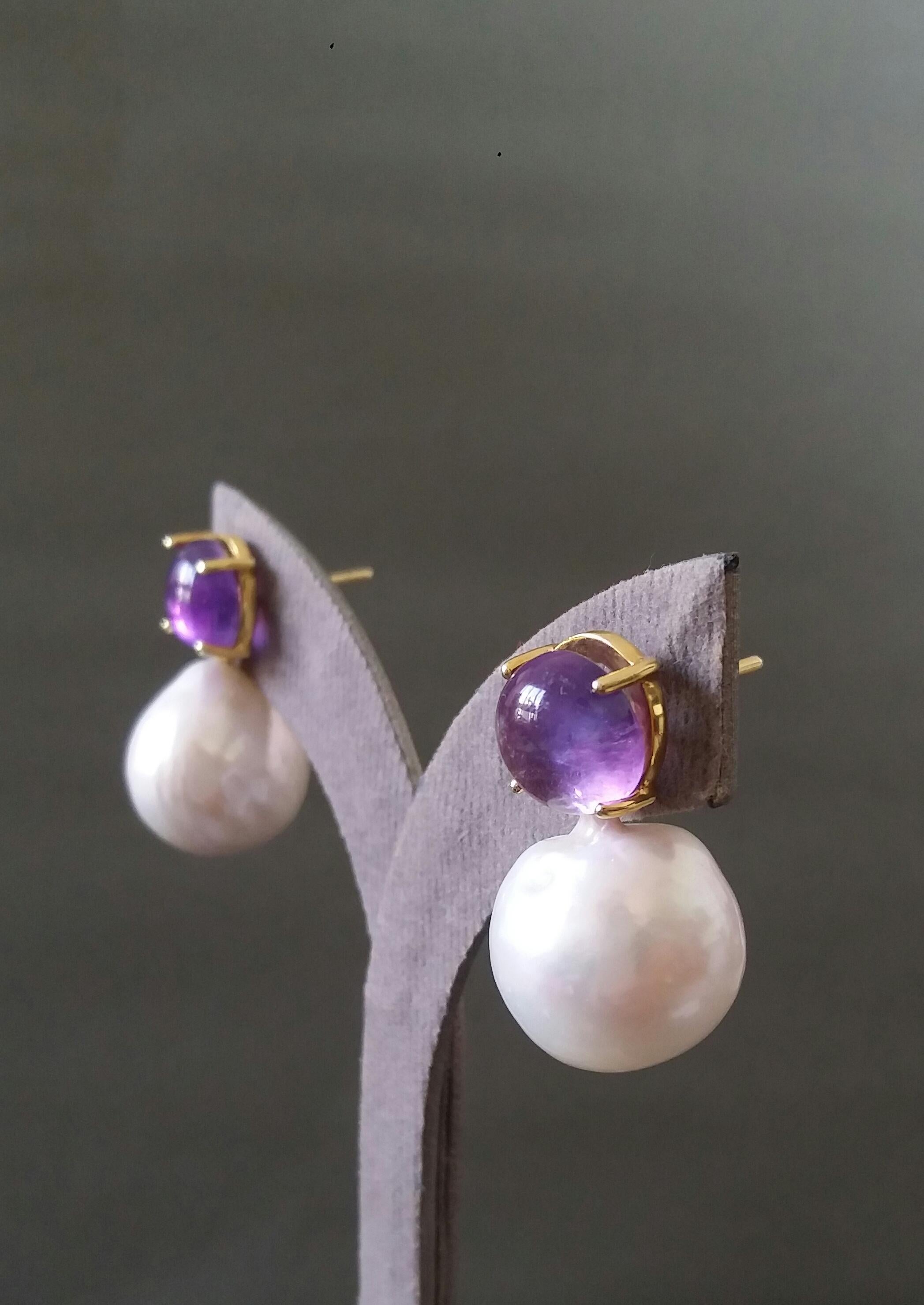 Big Size White Baroque Pearls Round Amethyst Cabochons Yellow Gold Earrings For Sale 2