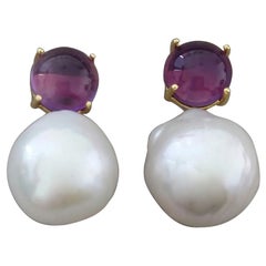 Big Size White Baroque Pearls Round Amethyst Cabochons Yellow Gold Earrings