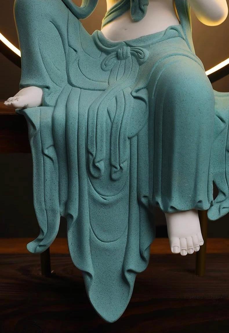 Modern Big White Porcelain Sitting Buddha in Blue Robe Holding a Lotus Flower For Sale 6