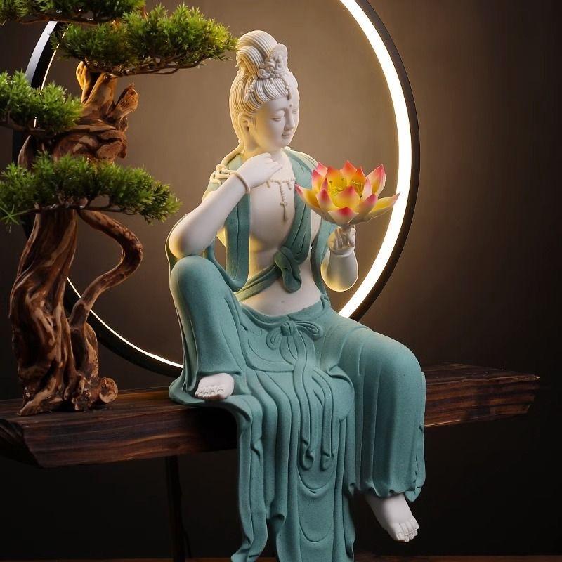 Modern Big White Porcelain Sitting Buddha in Blue Robe Holding a Lotus Flower In New Condition For Sale In 景德镇市, CN