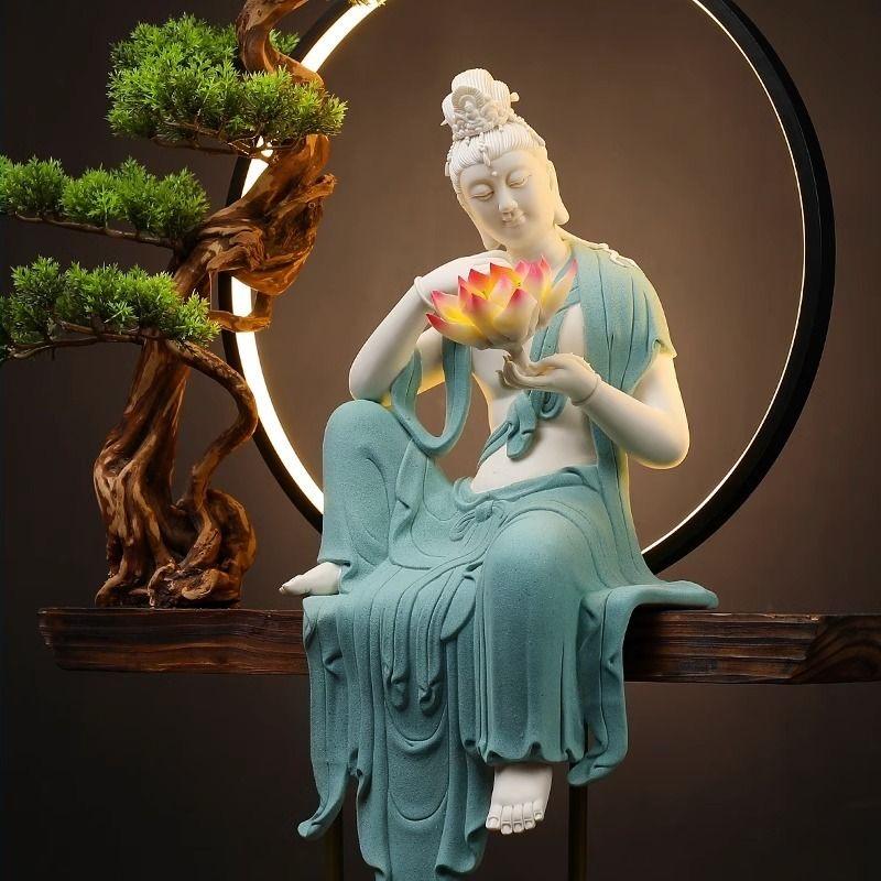 Contemporary Modern Big White Porcelain Sitting Buddha in Blue Robe Holding a Lotus Flower For Sale