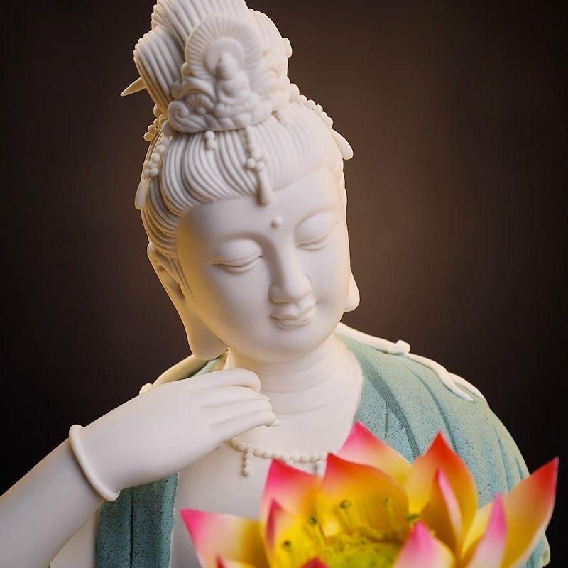 Modern Big White Porcelain Sitting Buddha in Blue Robe Holding a Lotus Flower For Sale 3