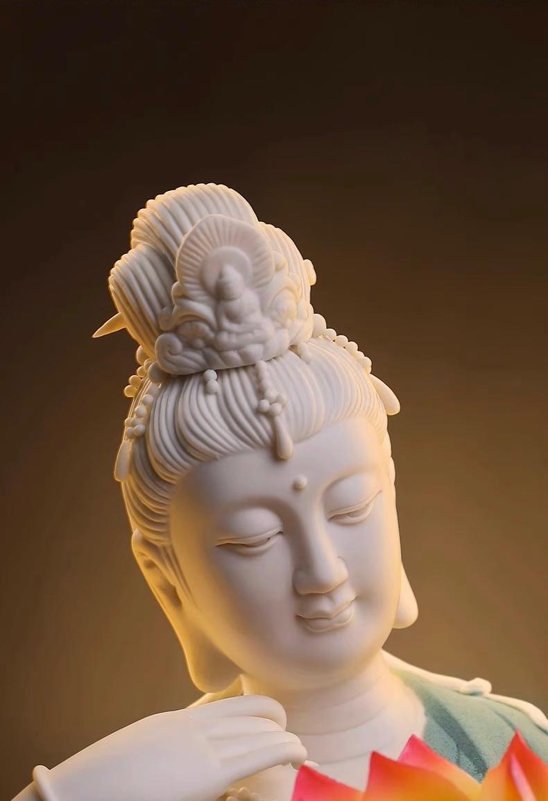 Modern Big White Porcelain Sitting Buddha in Blue Robe Holding a Lotus Flower For Sale 4