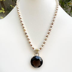 "Big Smoky" Jumbo Quartz Enhancer Pendant in 14K Gold with Akoya Pearl Necklace