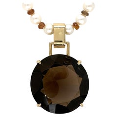 "Big Smoky" Jumbo Quartz Enhancer Pendant in Yellow Gold with 6mm Pearl Necklace