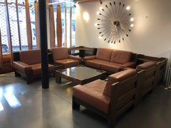 Big Sofa Set and Low Table in Solid Oak and Leather Style Pierre Chapo
