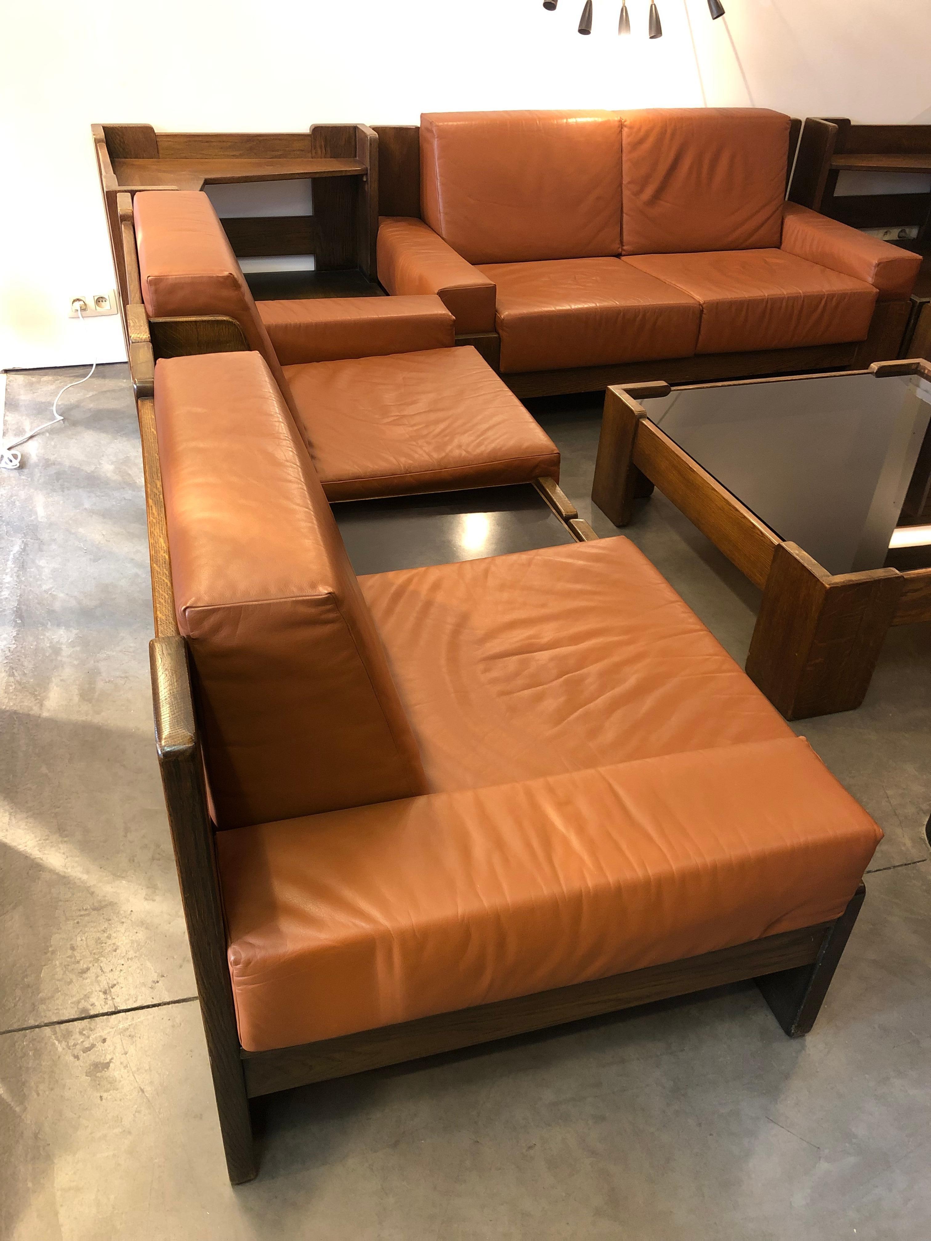 Brutalist Big Sofa Set and Low Table in Solid Oak and Leather Style Pierre Chapo