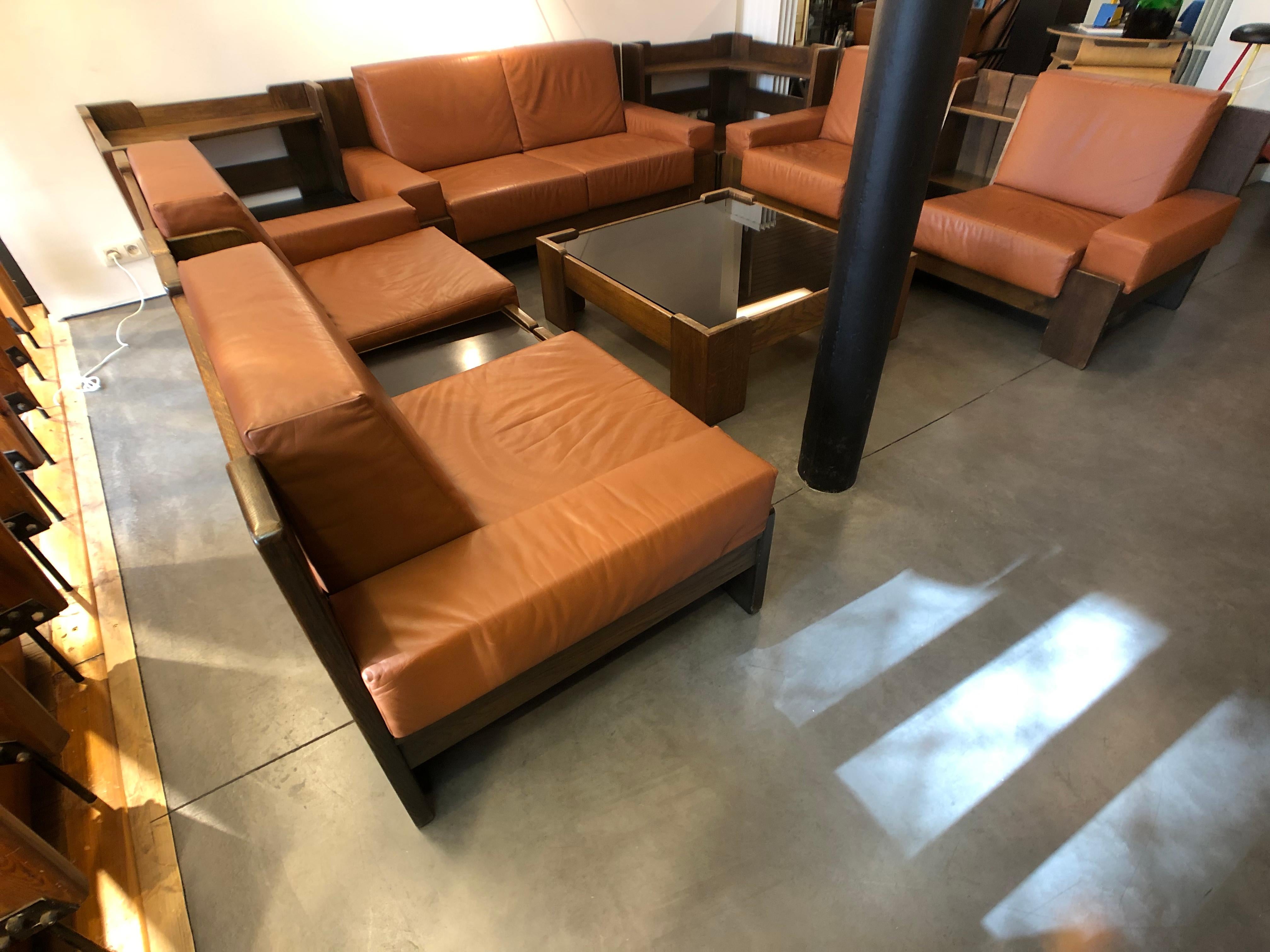 Belgian Big Sofa Set and Low Table in Solid Oak and Leather Style Pierre Chapo