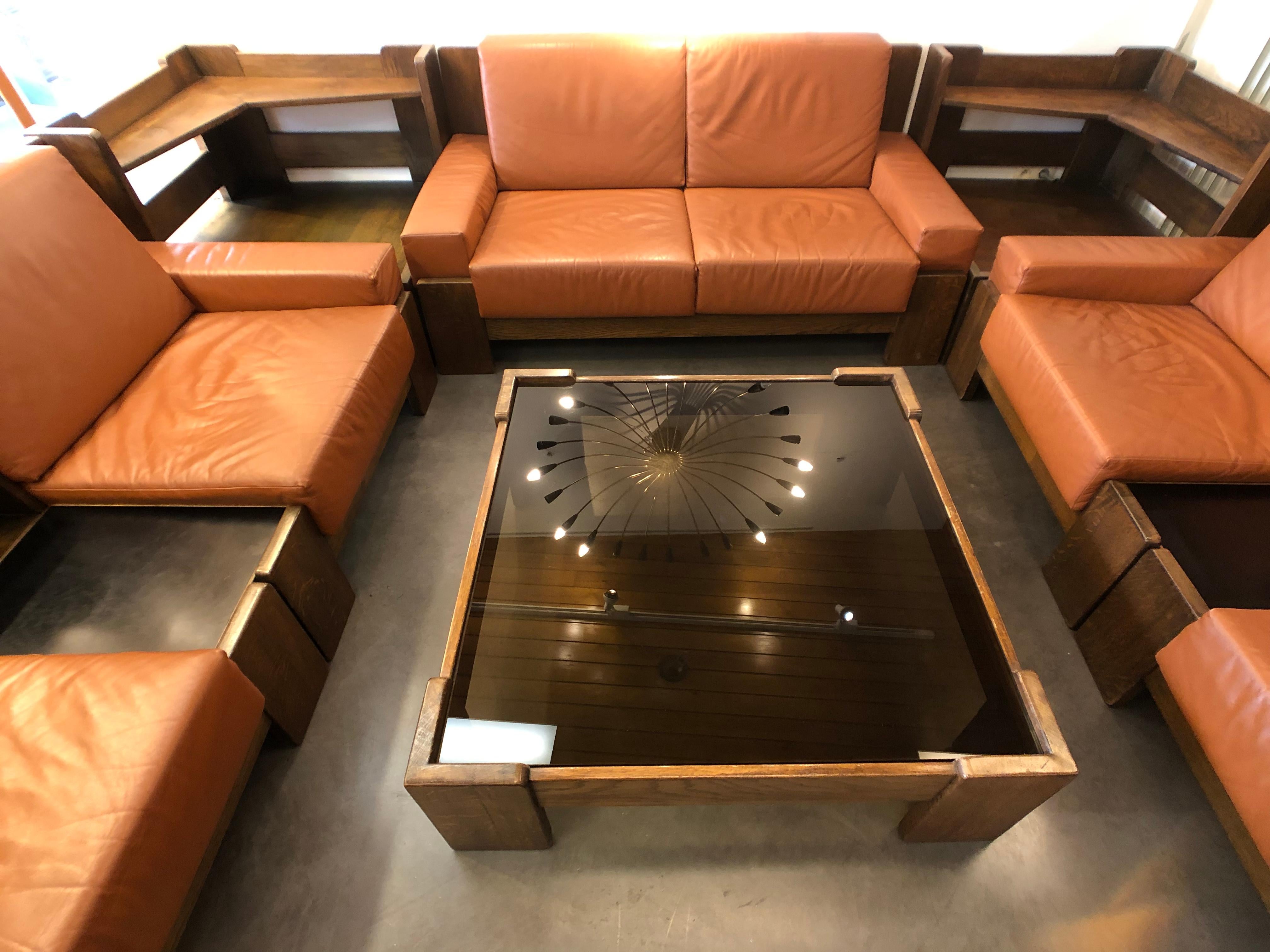 Late 20th Century Big Sofa Set and Low Table in Solid Oak and Leather Style Pierre Chapo