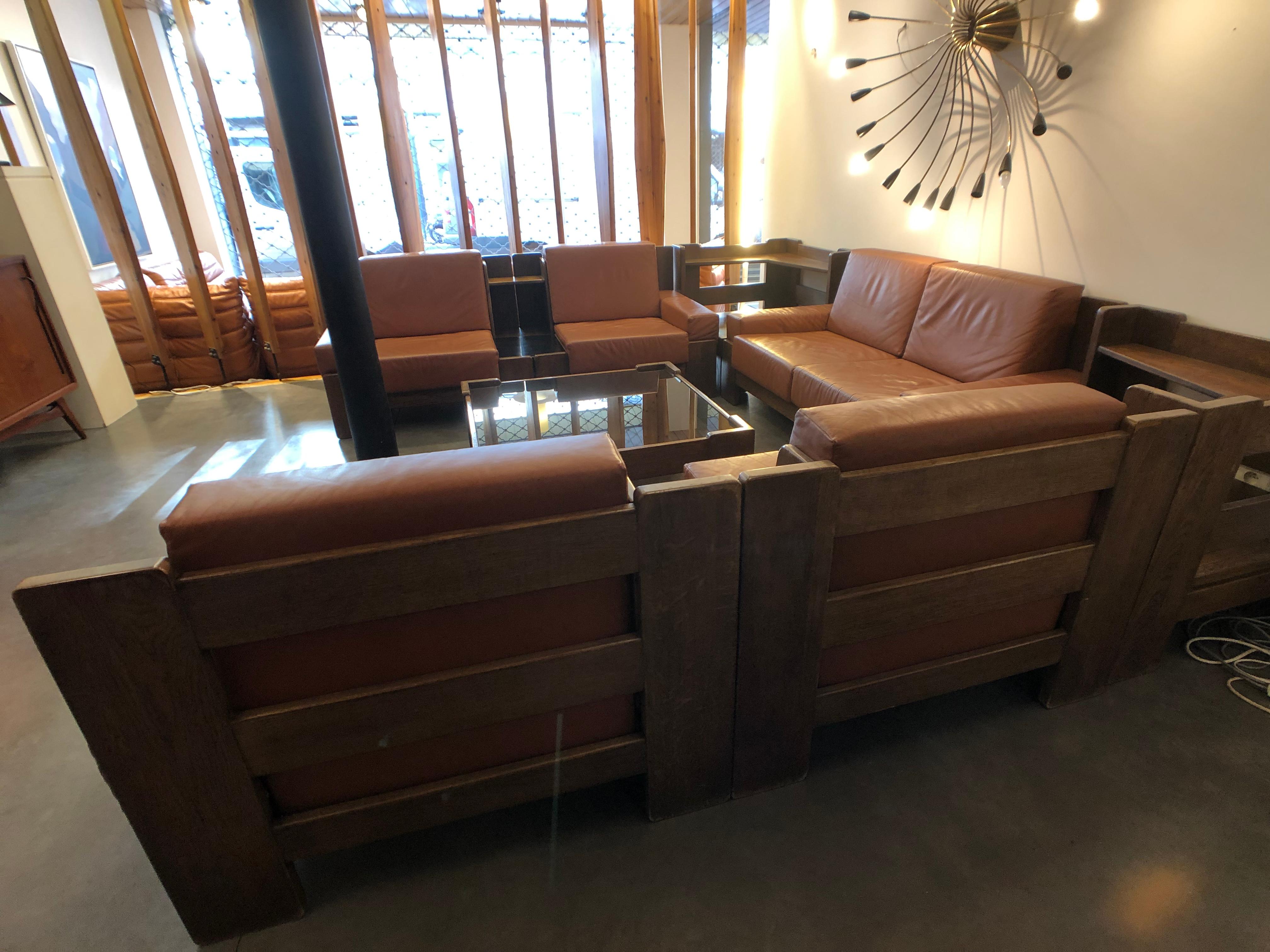 Big Sofa Set and Low Table in Solid Oak and Leather Style Pierre Chapo 1
