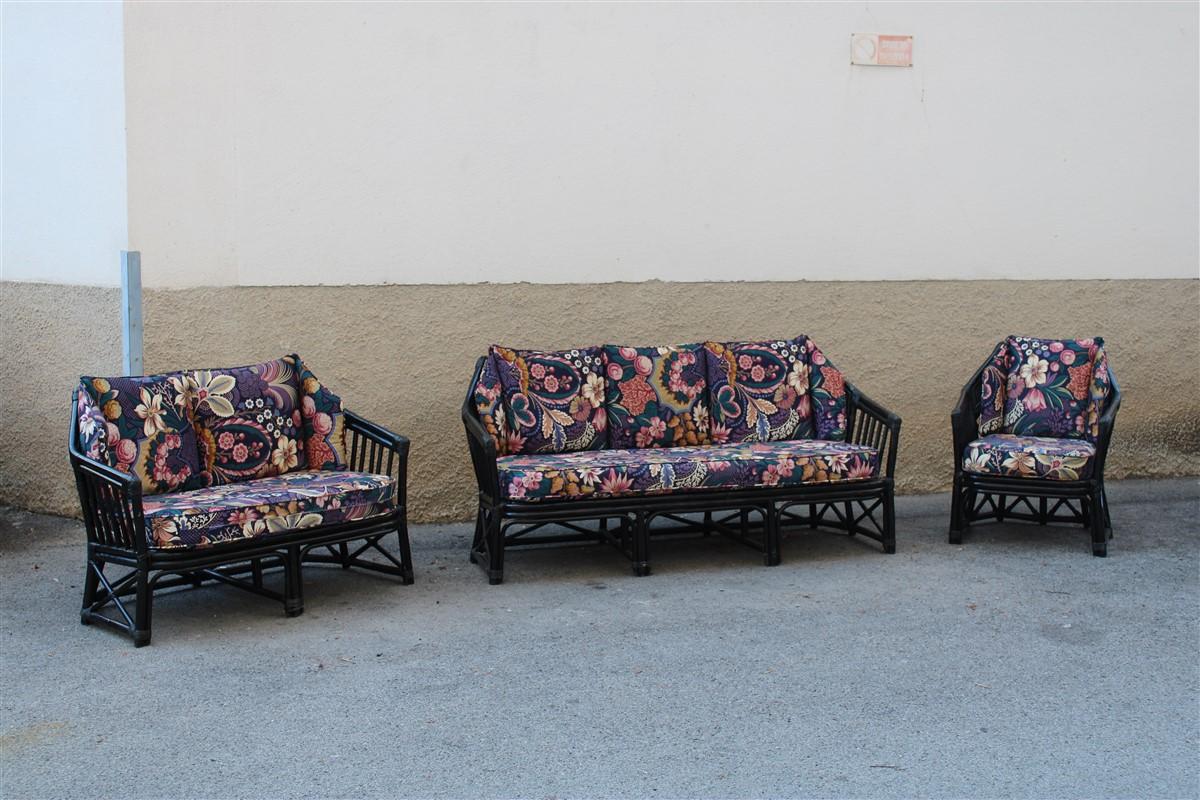 Big Sofa Vivai del Sud Italian Design Bamboo Black Flowers Multi-Color, 1970s For Sale 5