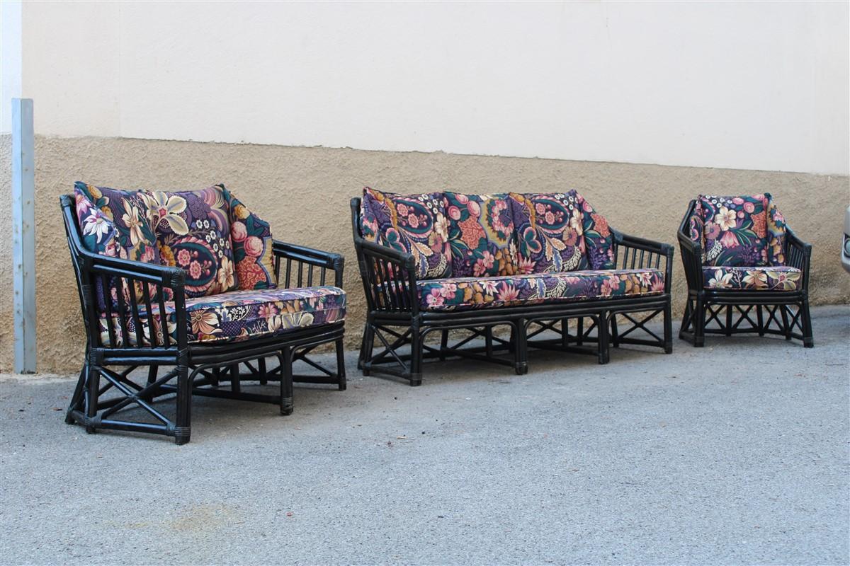 Big Sofa Vivai del Sud Italian Design Bamboo Black Flowers Multi-Color, 1970s For Sale 6