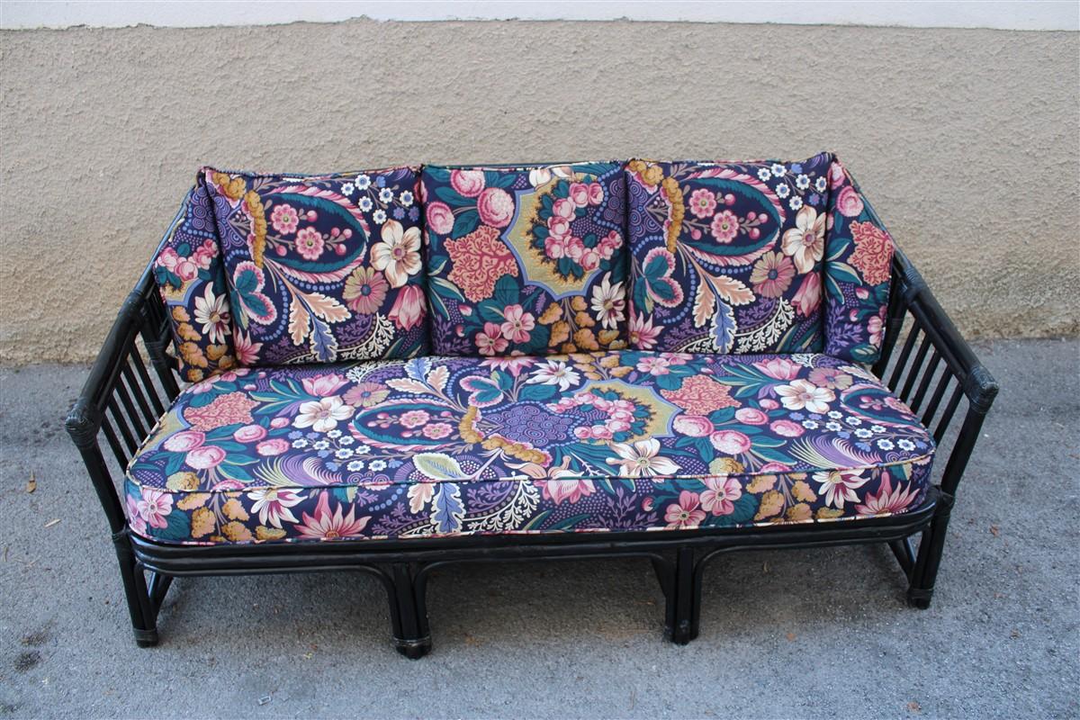 Mid-Century Modern Big Sofa Vivai del Sud Italian Design Bamboo Black Flowers Multi-Color, 1970s For Sale