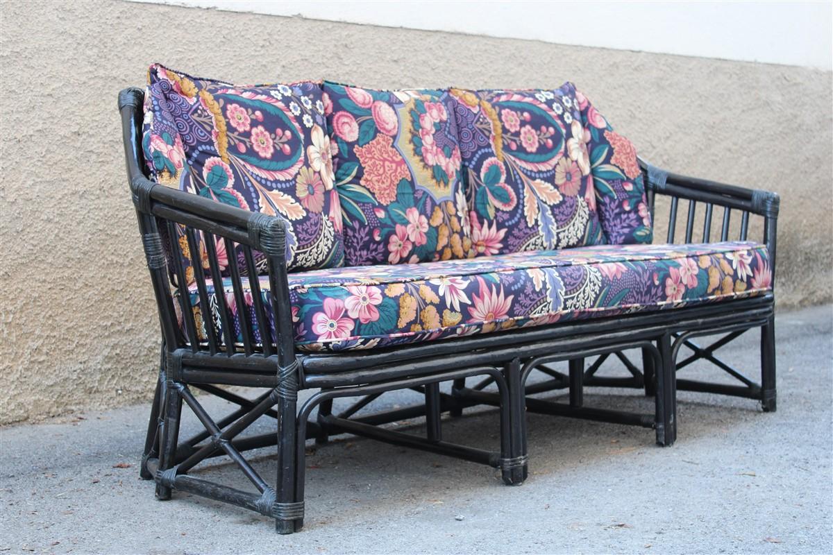Grand canapé Vivai del Sud italien design bambou fleurs noires multicolores, 1970 Bon état - En vente à Palermo, Sicily