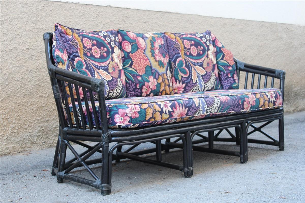 Big Sofa Vivai del Sud Italian Design Bamboo Black Flowers Multi-Color, 1970s In Good Condition For Sale In Palermo, Sicily