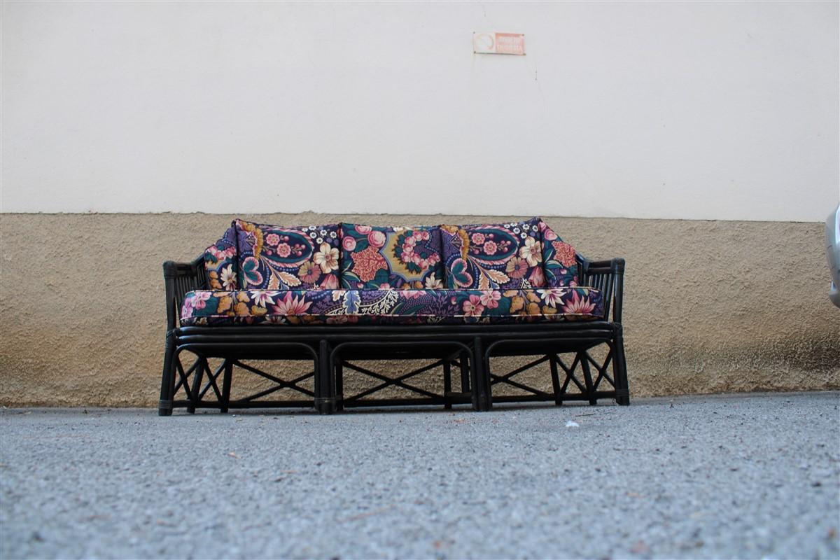 Fabric Big Sofa Vivai del Sud Italian Design Bamboo Black Flowers Multi-Color, 1970s For Sale