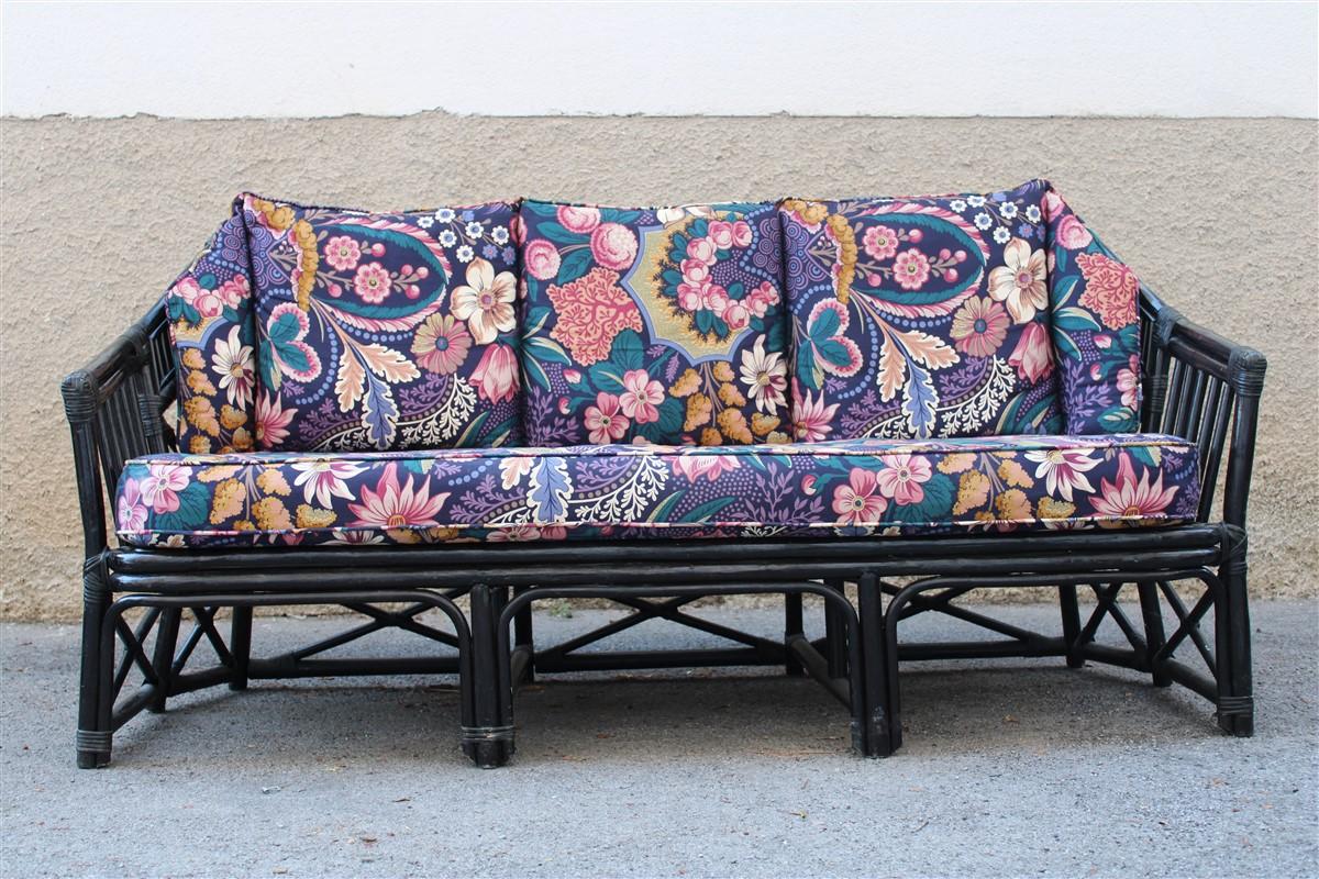 Big Sofa Vivai del Sud Italian Design Bamboo Black Flowers Multi-Color, 1970s For Sale 1