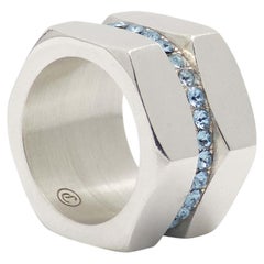 Big Solid Sterling Silver Ring with Aquamarine Zirconia Stones