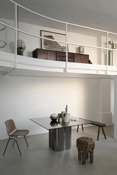 Square Dining Table in Metal and Smoked Glass, 1970's Paul Evans Style