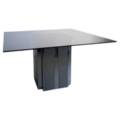 Mesa de comedor cuadrada de metal y cristal ahumado, estilo Paul Evans, años 70