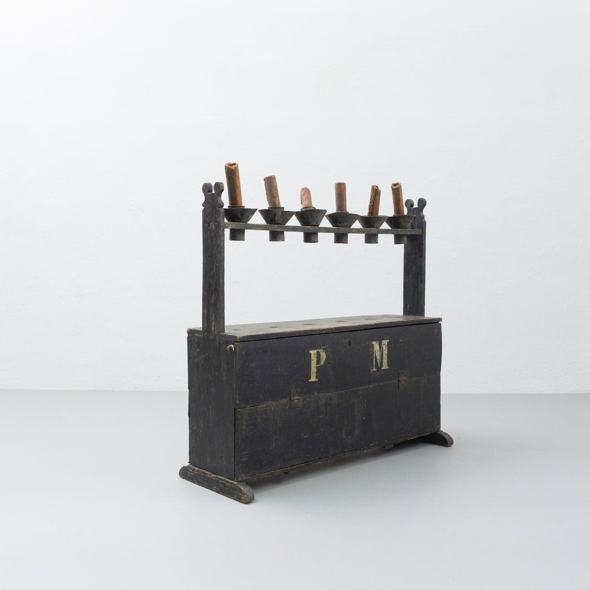 Mid-Century Modern Big Spanish 'Hachero' Traditional Ancient Stained Wood Candleholder, circa 1890