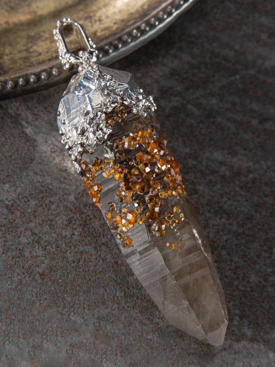 Big Spessartine Garnet Quartz Silver Pendant Honey Orange Crystal For Sale 2