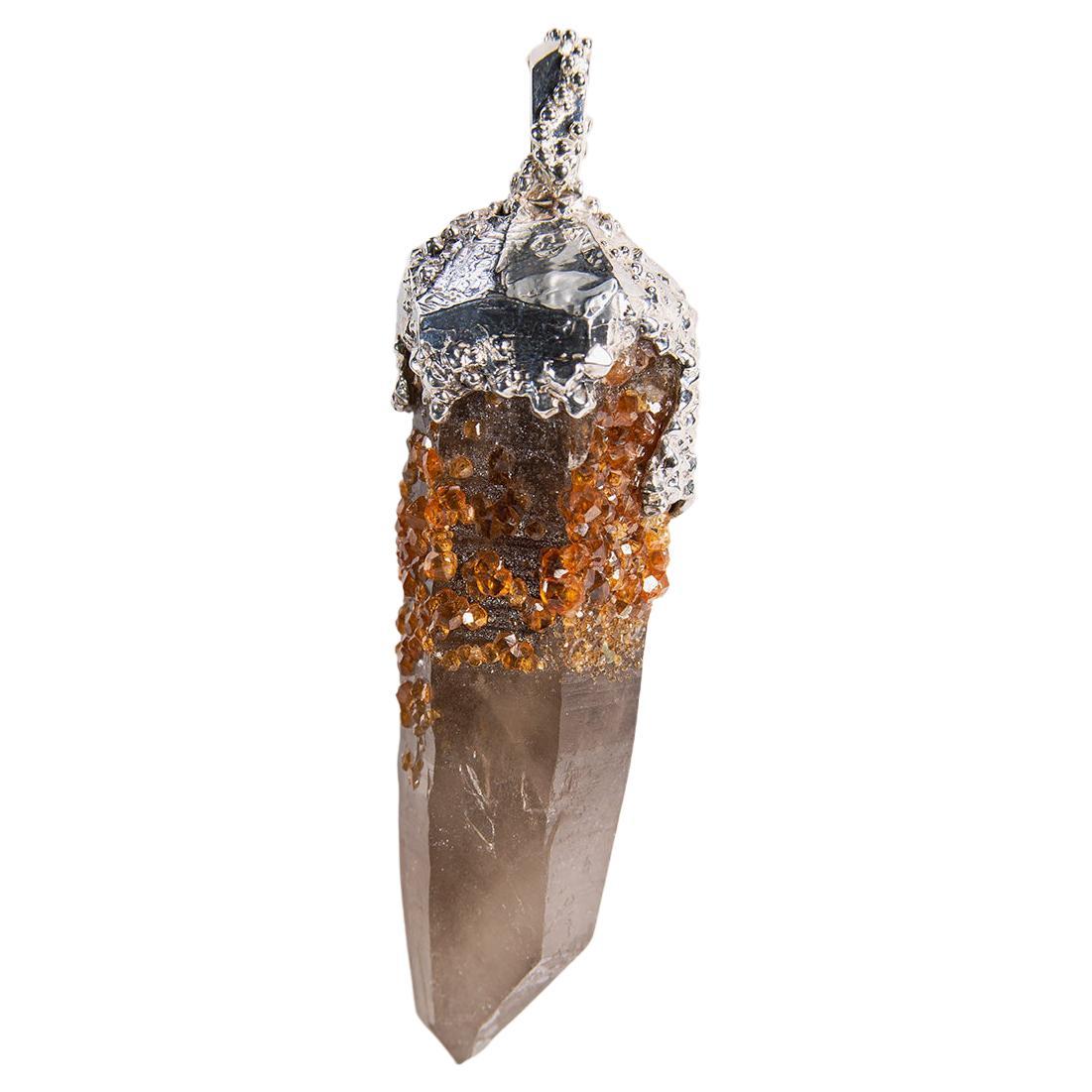 Big Spessartine Garnet Quartz Silver Pendant Honey Orange Crystal