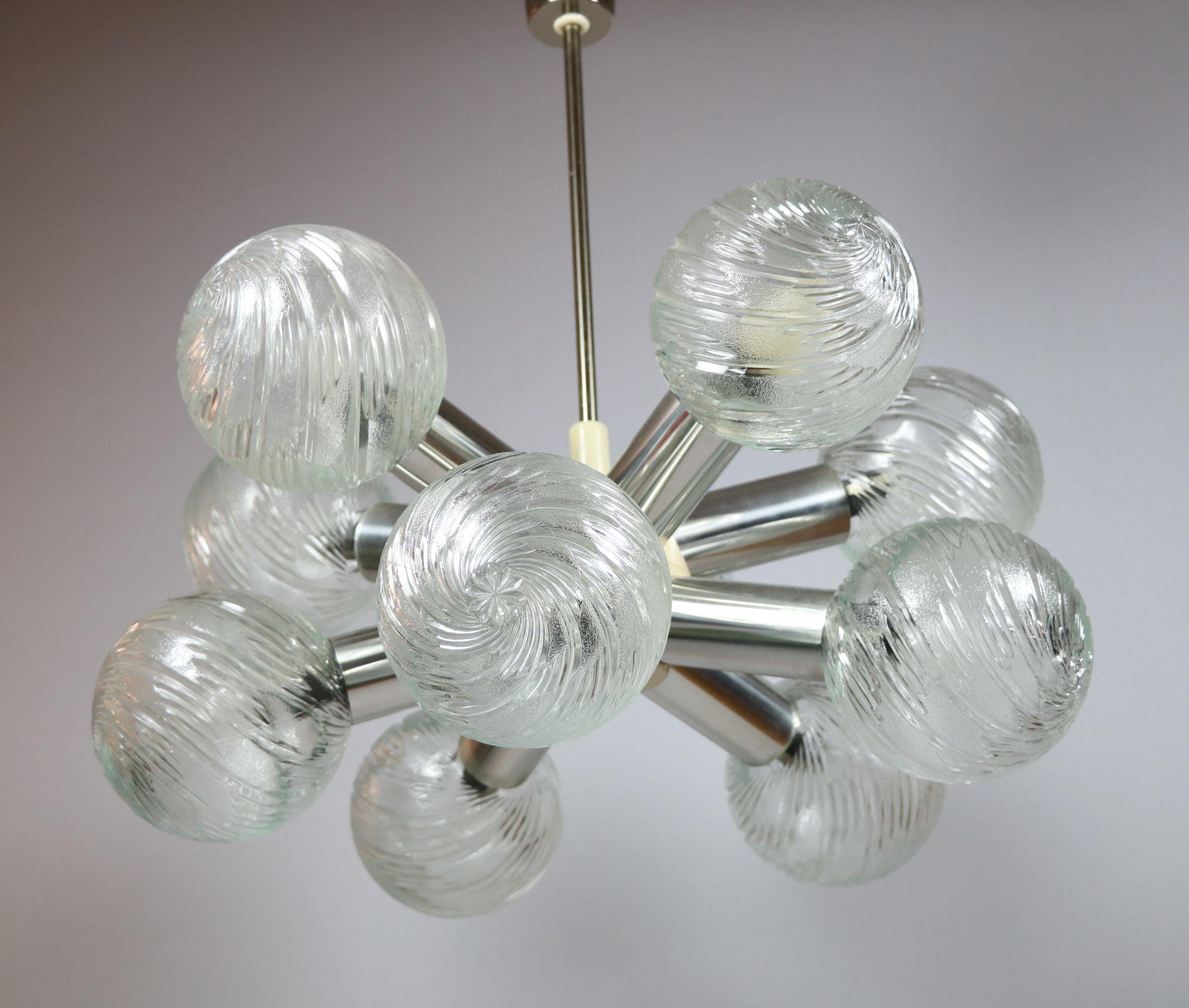 German Big Sputnik Chandelier with 10 glass balls, 1970s, GDR For Sale